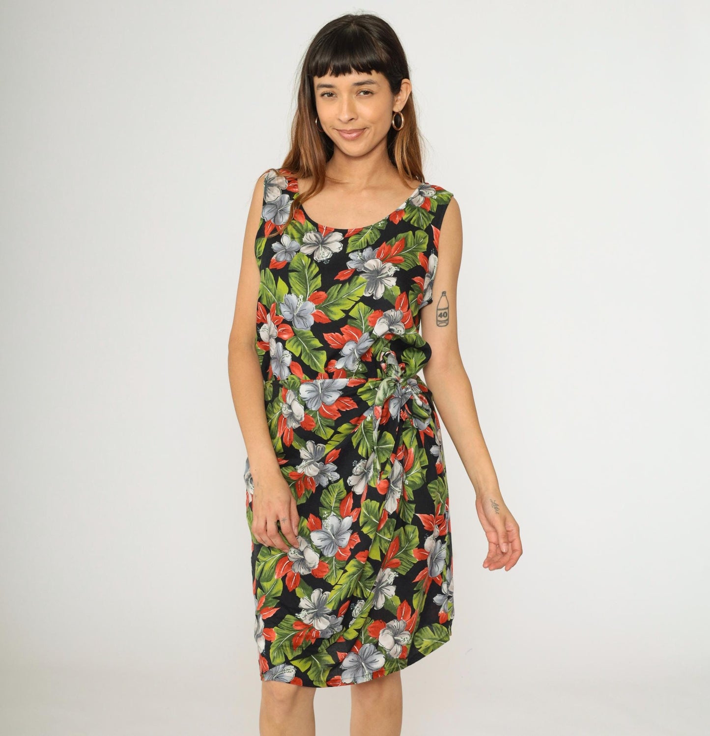 90s Hilo Hattie Hawaiian Floral Mini Dress Black Sleeveless Wrap Skirt Medium