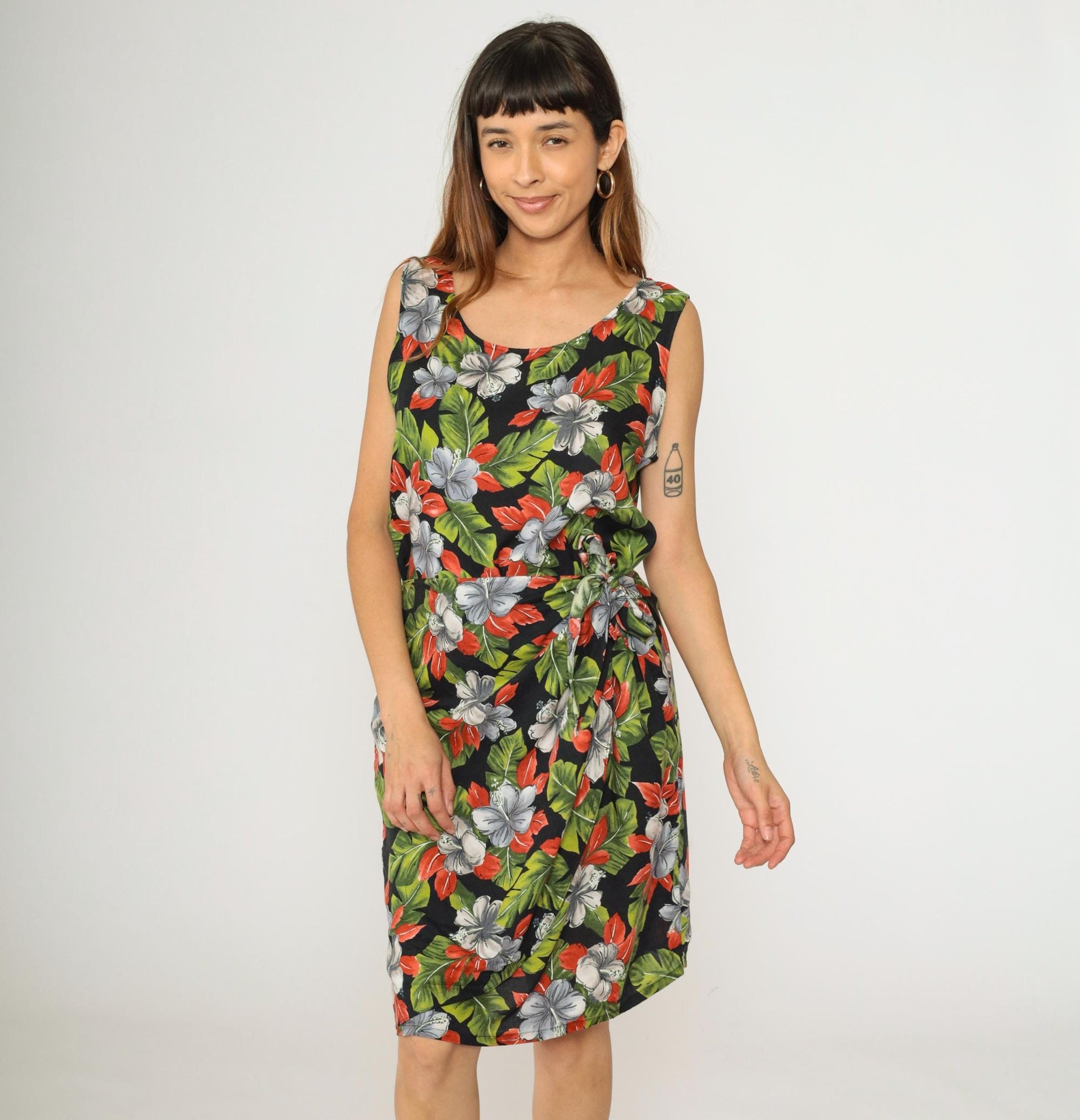 90s Hilo Hattie Hawaiian Floral Mini Dress Black Sleeveless Wrap Skirt Medium