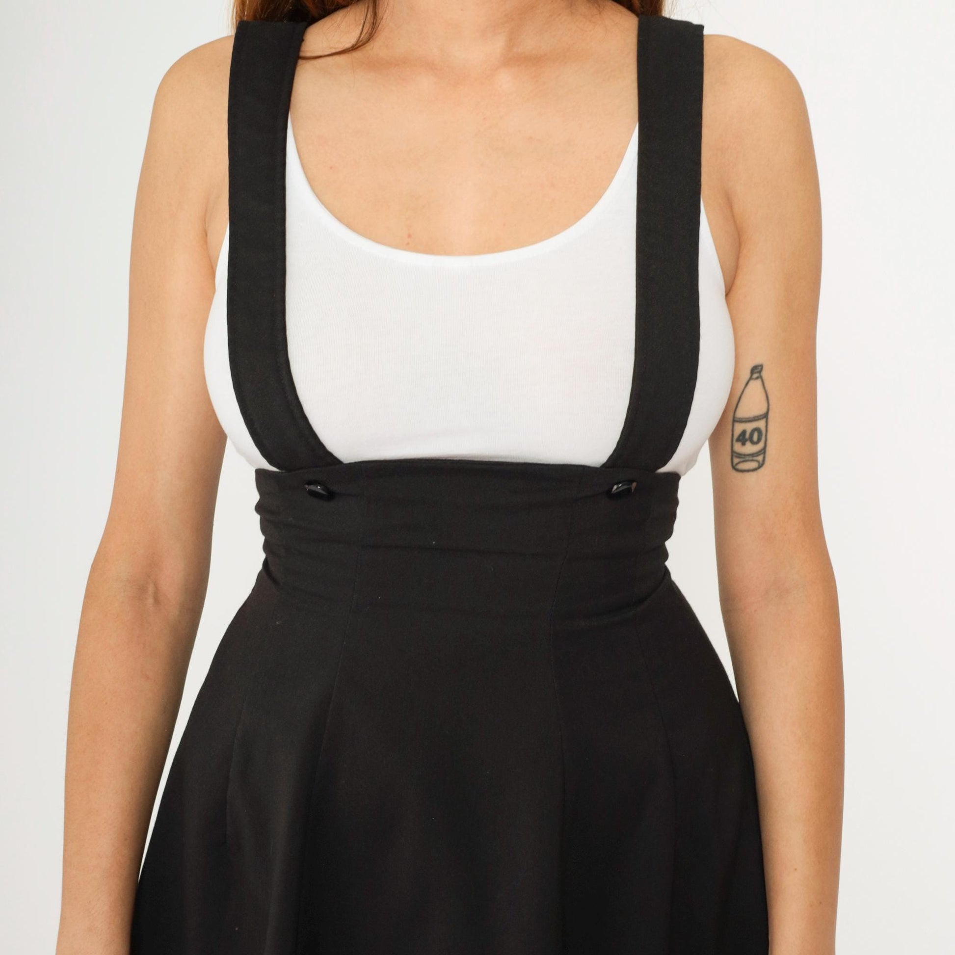 Y2K Black A-Line Midi Skirt with Suspender Straps High Waist 00s Extra Small