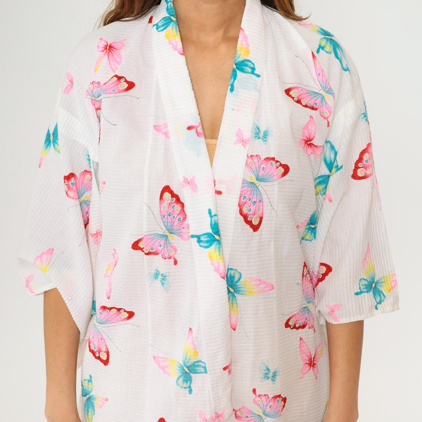 70s Butterfly Kimono Robe White Open Front Half-Sleeve Dressing Gown Small