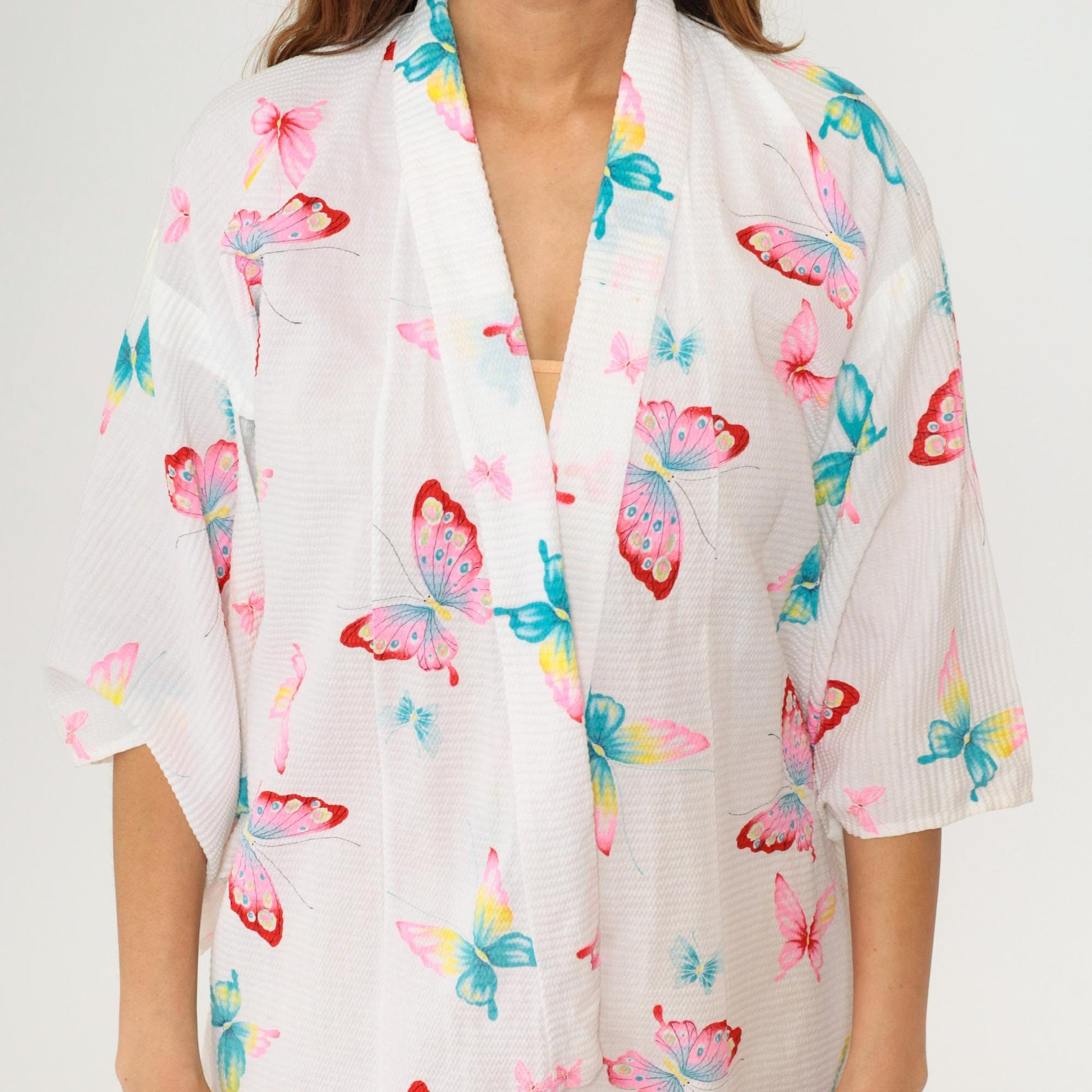 70s Butterfly Kimono Robe White Open Front Half-Sleeve Dressing Gown Small