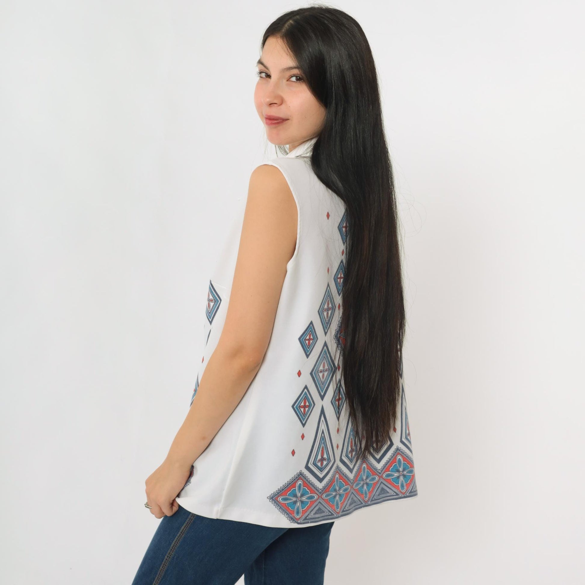70s Geometric Diamond Print Sleeveless Blouse White Button-Up Collar Large L