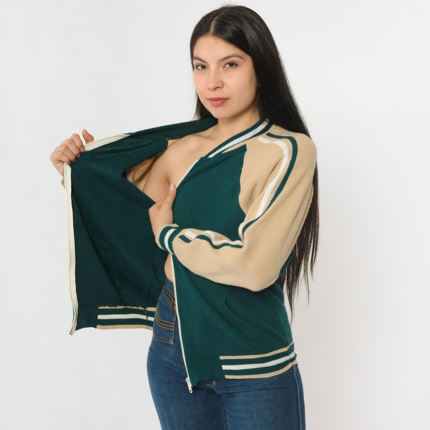 80s Plum Blossom Track Jacket Green Acrylic Knit Raglan Zip-Up Medium