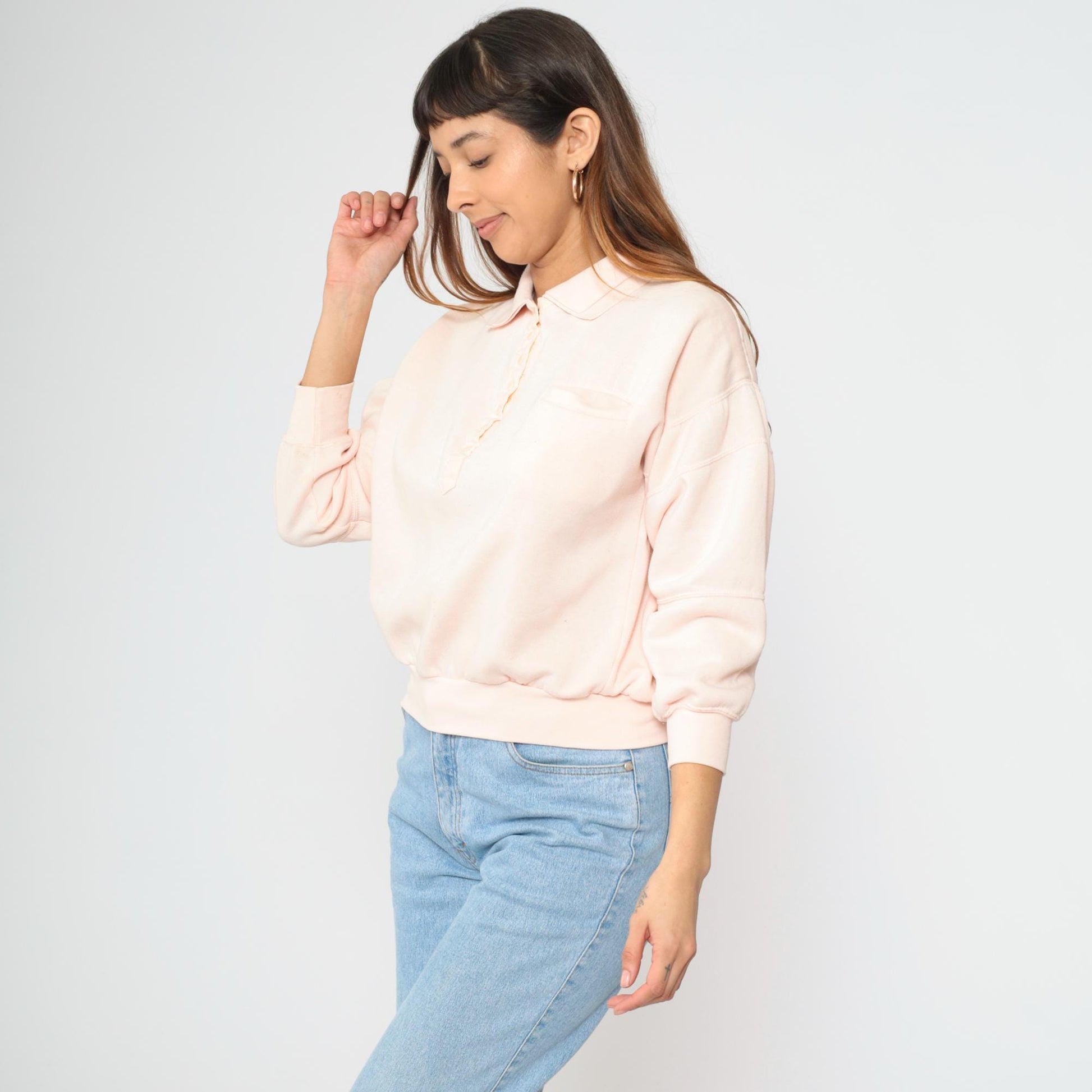 80s Baby Pink Polo Sweatshirt Vintage Collared Quarter-Snap Pullover Small