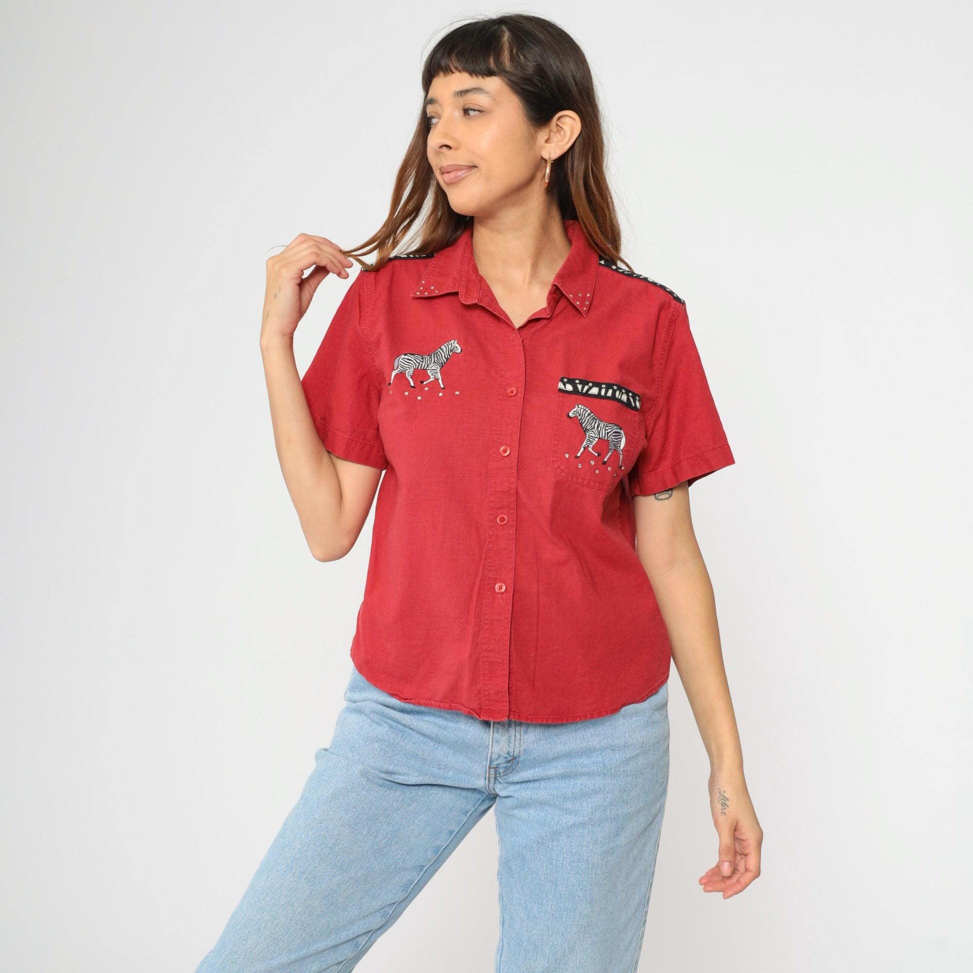 90s Cabin Creek Zebra Rhinestone Button-Up Blouse Red Linen Cotton Petite Large