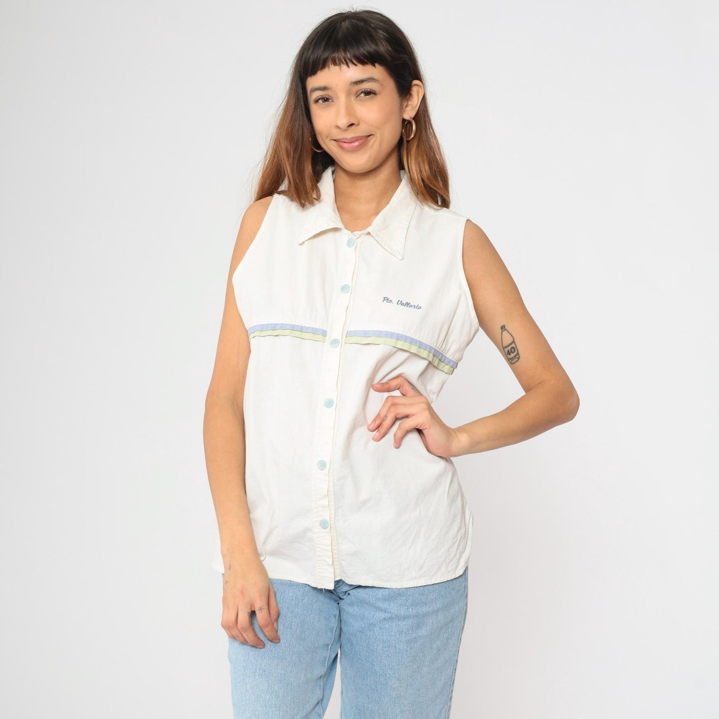 90s Puerto Vallarta White Striped Sleeveless Button-Up Blouse Extra Large