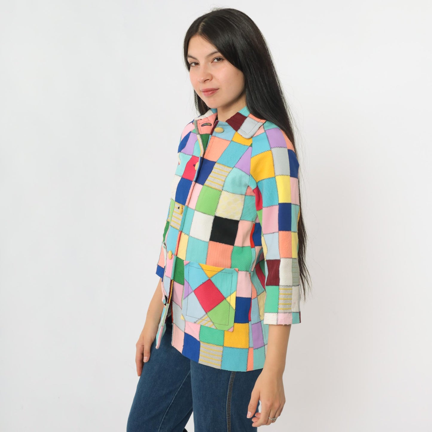 70s Patchwork Quilted Jacket Multicolor Square Block Notch Collar Extra Small
