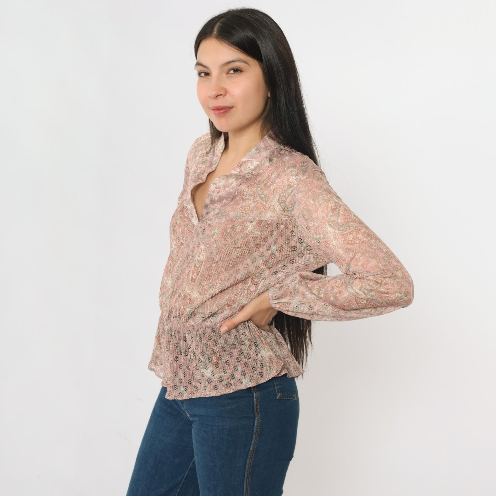 70s Pink Paisley Pleated Blouse Lace Cutouts Ruffled Collar Long Sleeve Medium