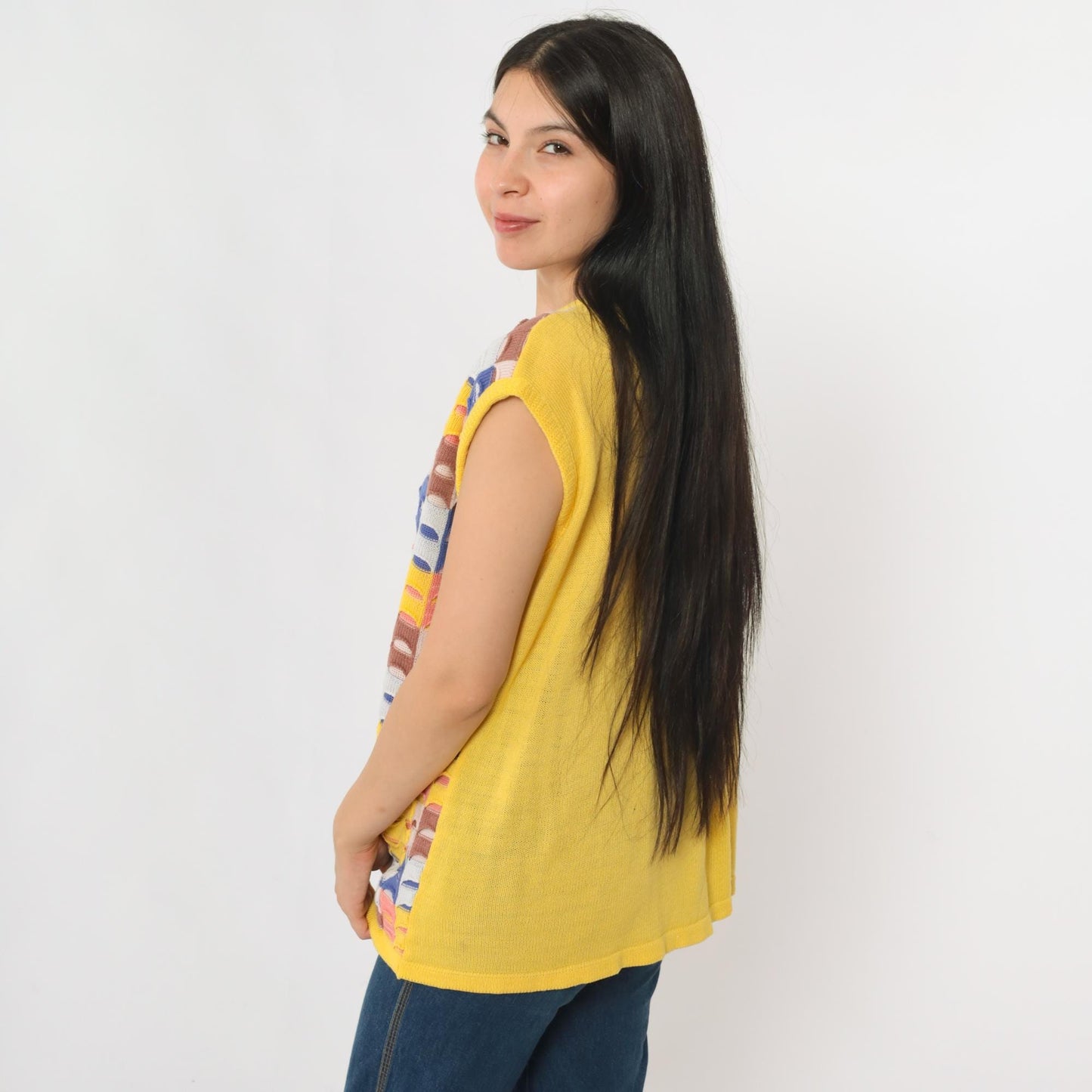 70s Patchwork Knit Vest Yellow Multicolor Open Front Sleeveless Large L