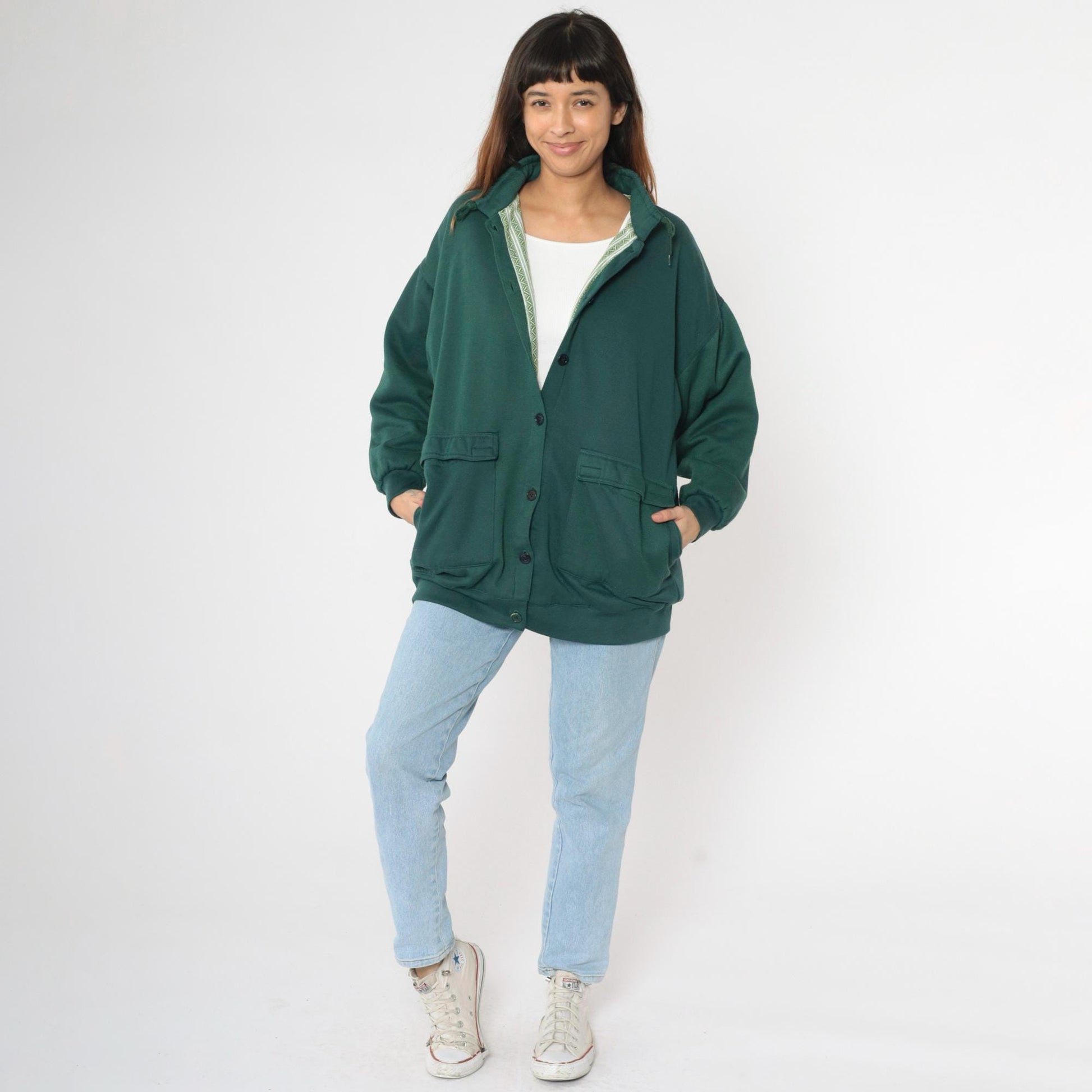 90s Gottschalks Green Cargo Pocket Sweatshirt Jacket Button Front Large L