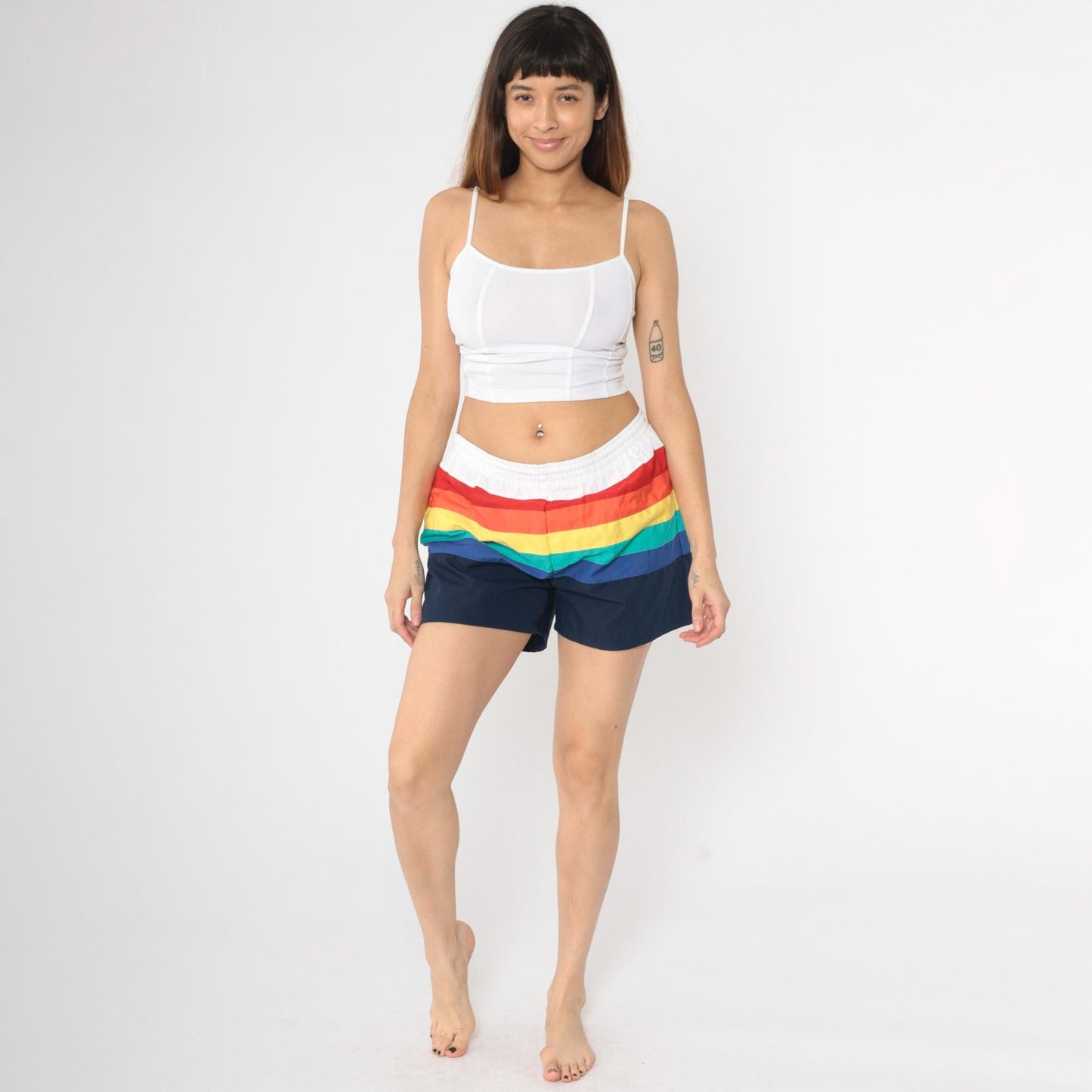 80s Catalina Rainbow Striped Swim Trunks White Colour Block Shorts Small