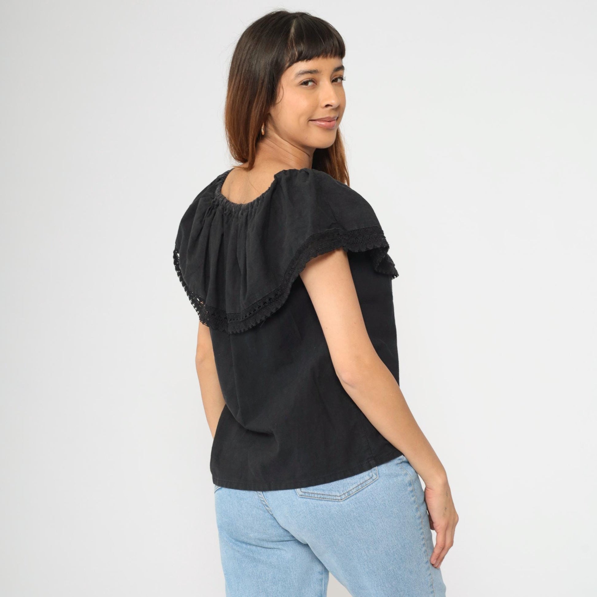 90s Mexican Floral Embroidered Blouse Black Off-Shoulder Crochet Peasant Small