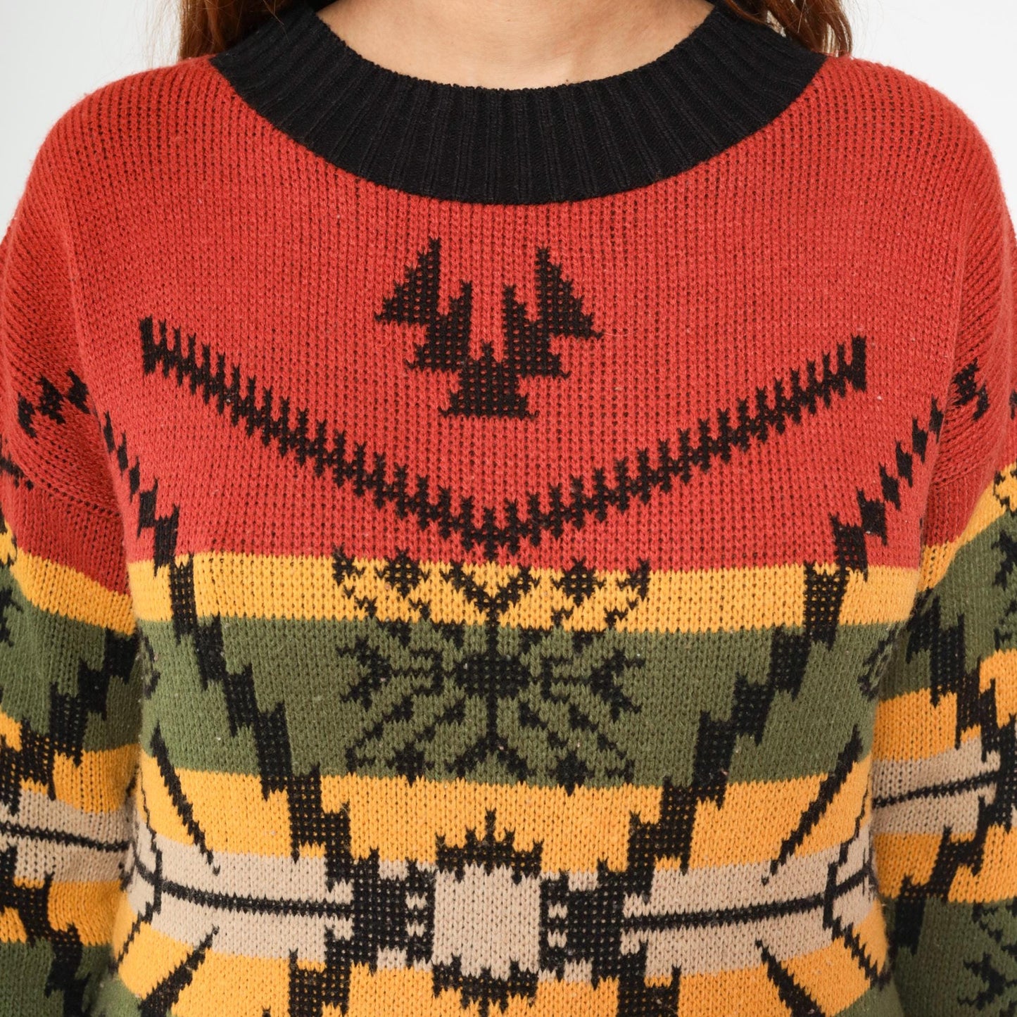 80s Southwestern Geometric Knit Sweater Red Black Ringer Crewneck Medium