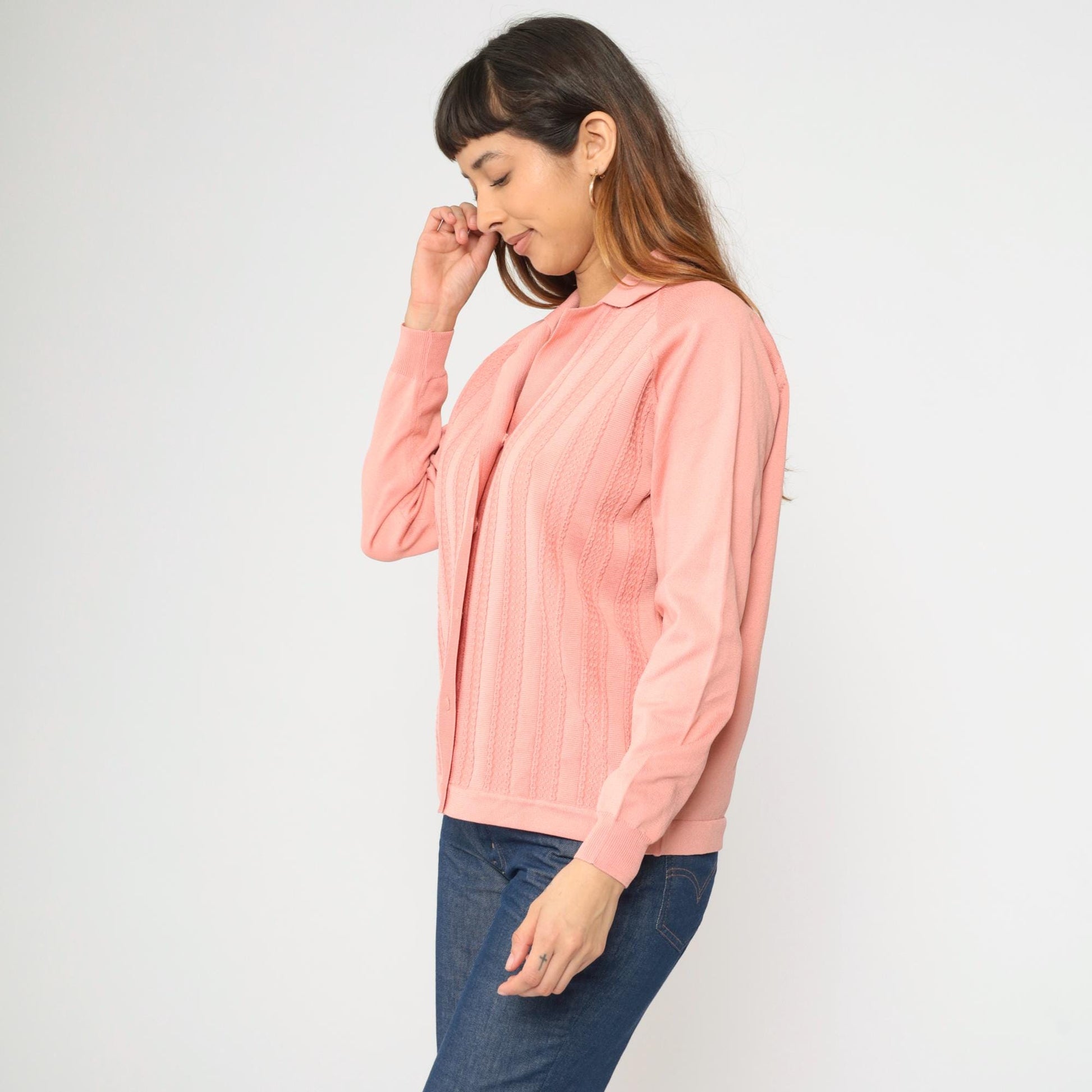 70s Pink Textured Cardigan Sweater Raglan Collar Button-Up Medium