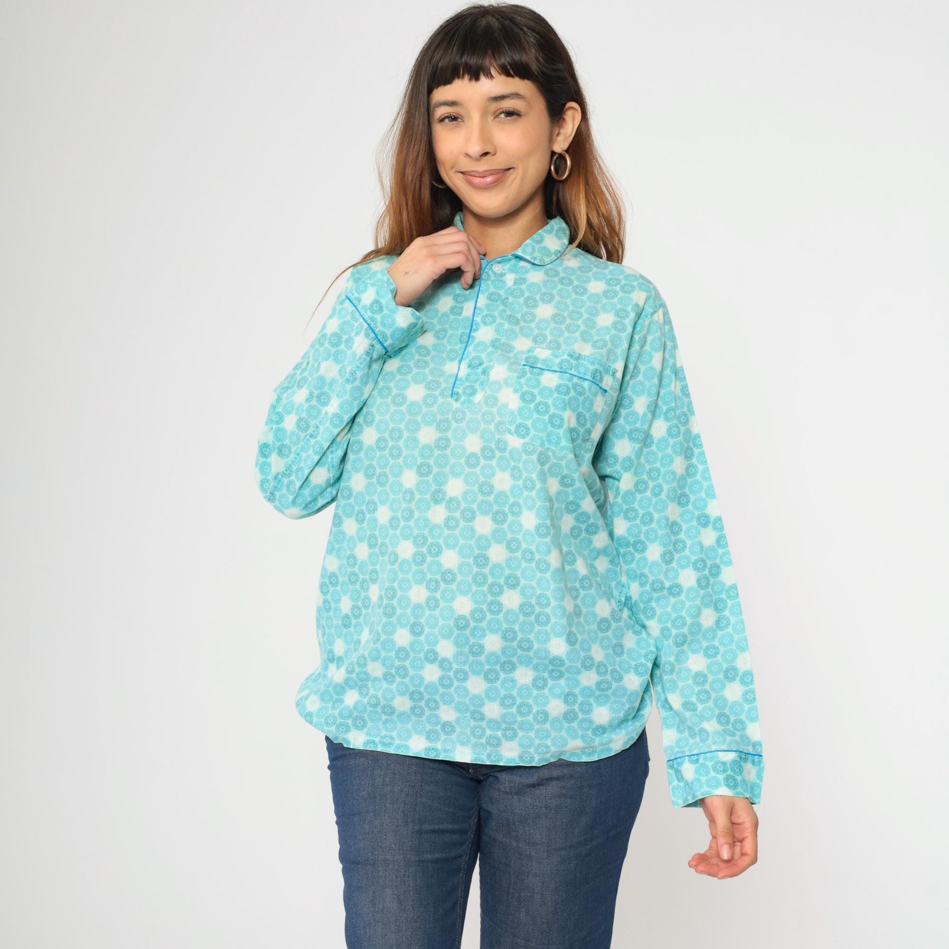 70s Kaynee Endura Press Pajama Shirt Blue Geometric Mandala Medium