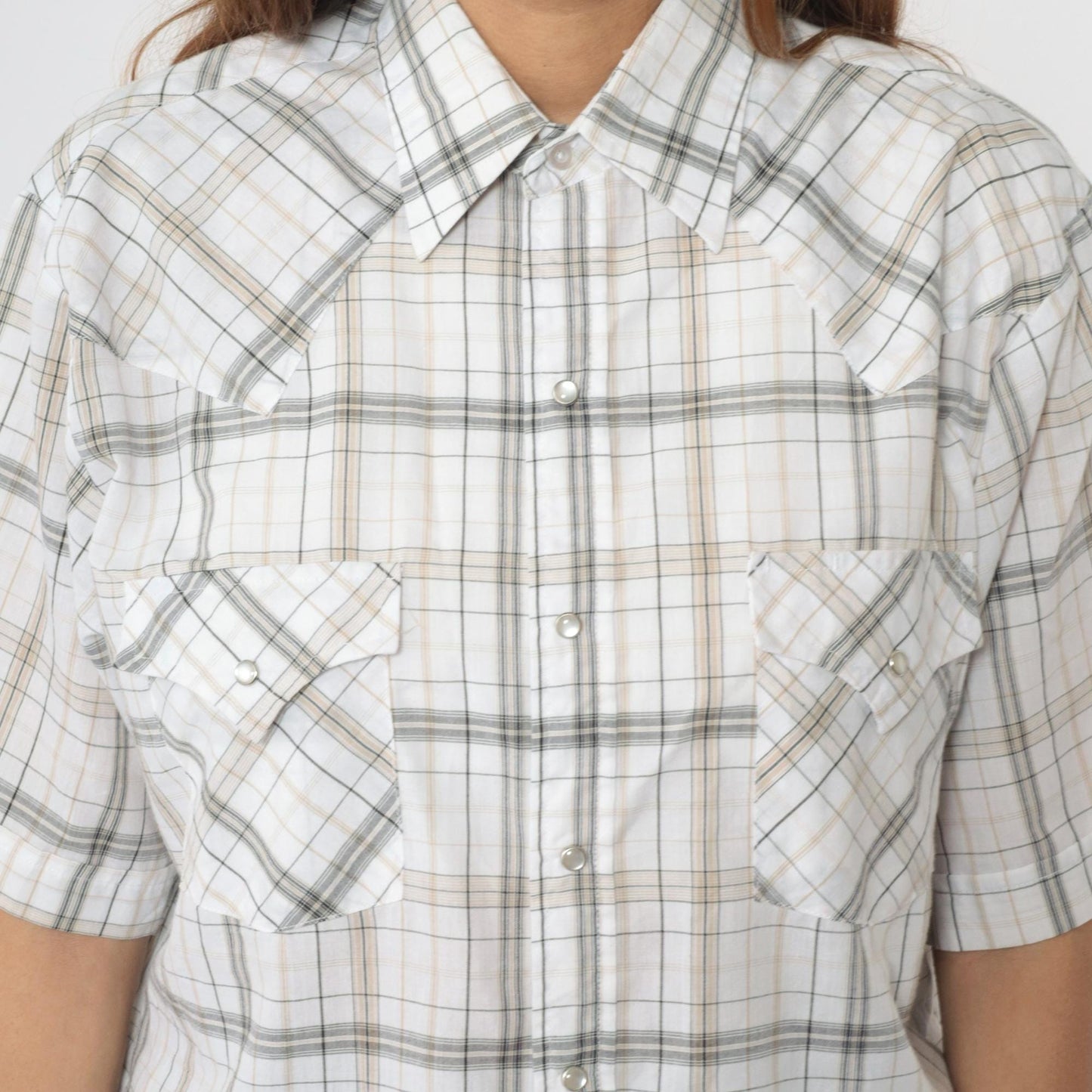 90s Plains Westernwear Pearl Snap Shirt White Plaid Short Sleeve Men's Medium