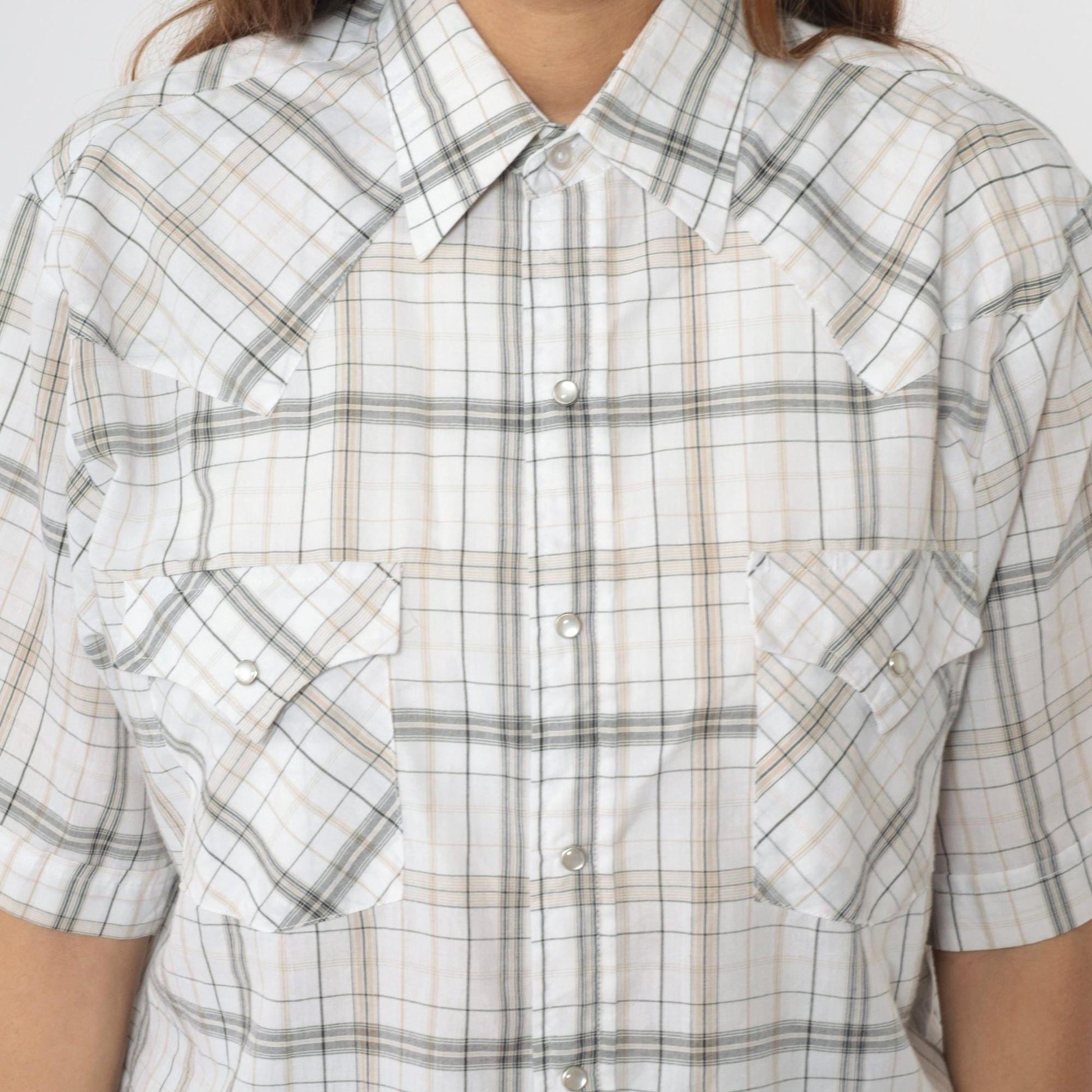 90s Plains Westernwear Pearl Snap Shirt White Plaid Short Sleeve Men's Medium