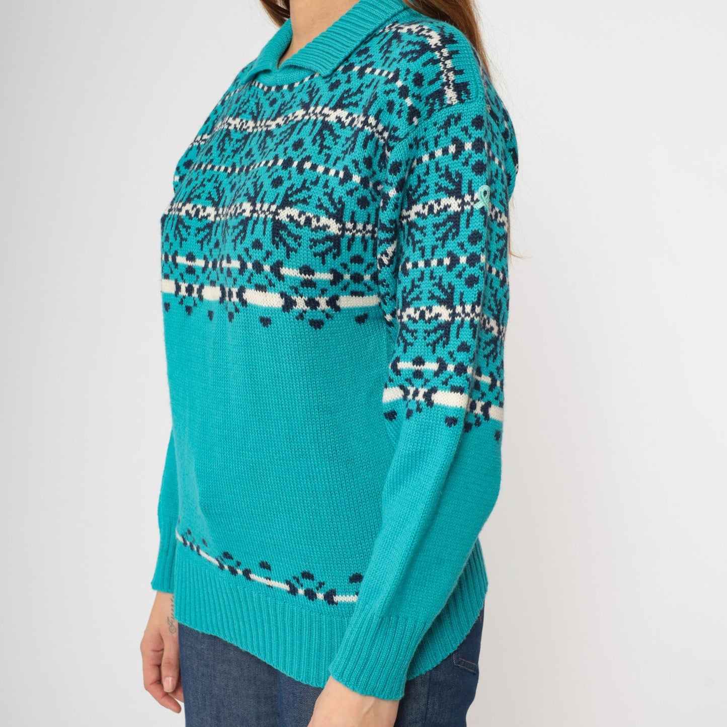 80s Demetre Wool Nordic Fair Isle Ski Sweater Turquoise Small