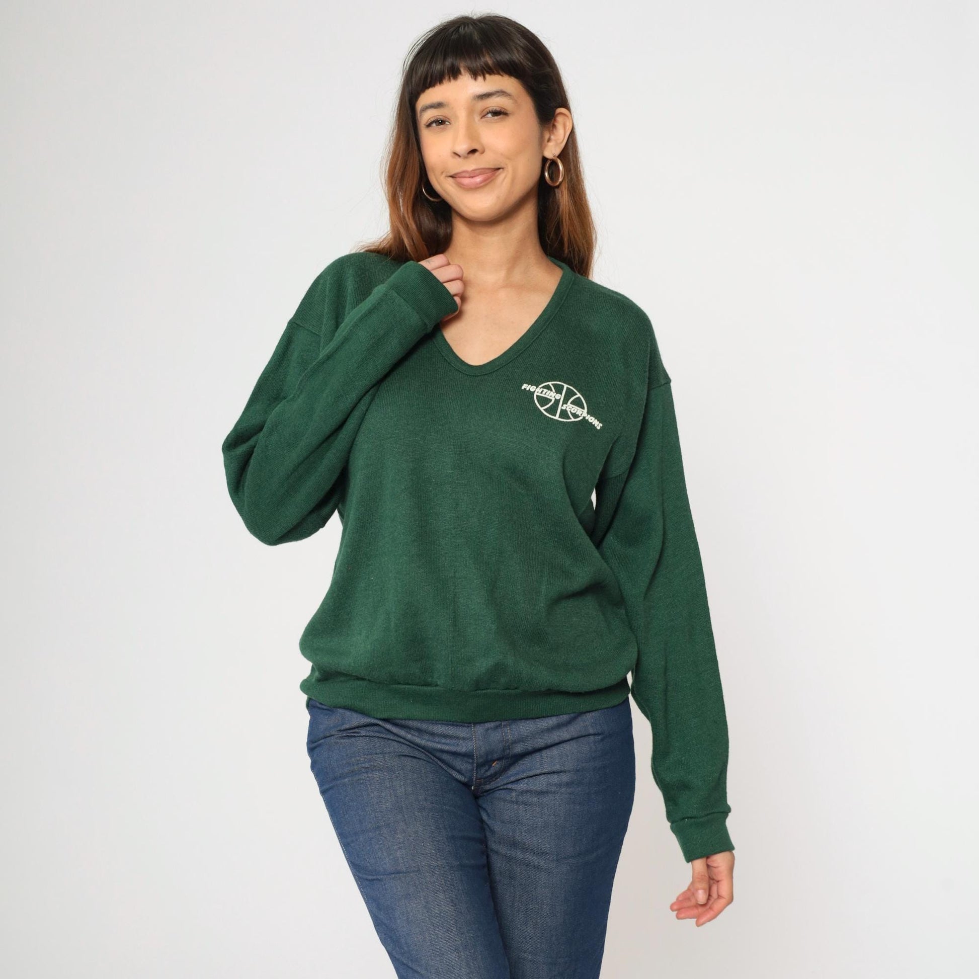 80s Fighting Scorpions Basketball V-Neck Sweater Forest Green Large