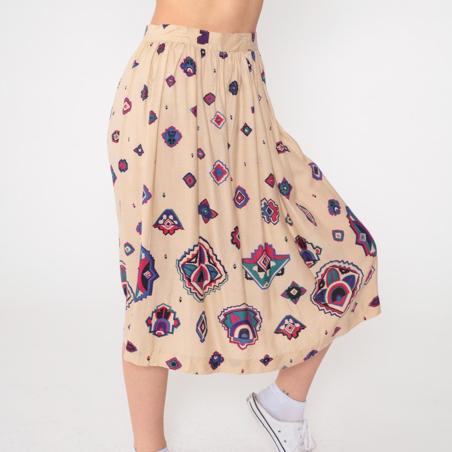80s Panther Southwestern Midi Skirt Cream Geometric High Waist Small