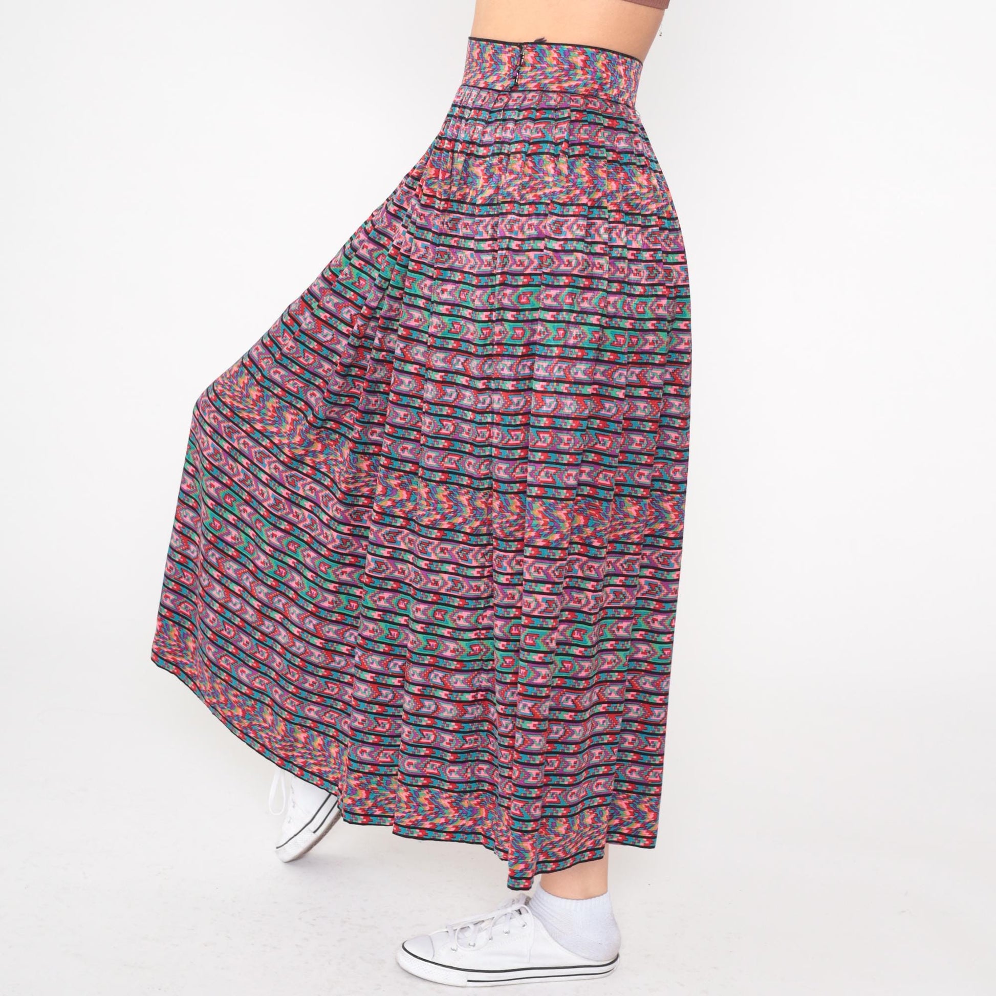 80s Oscar de la Renta Silk Midi Skirt Geometric Print Multicolor High Waist Extra Small