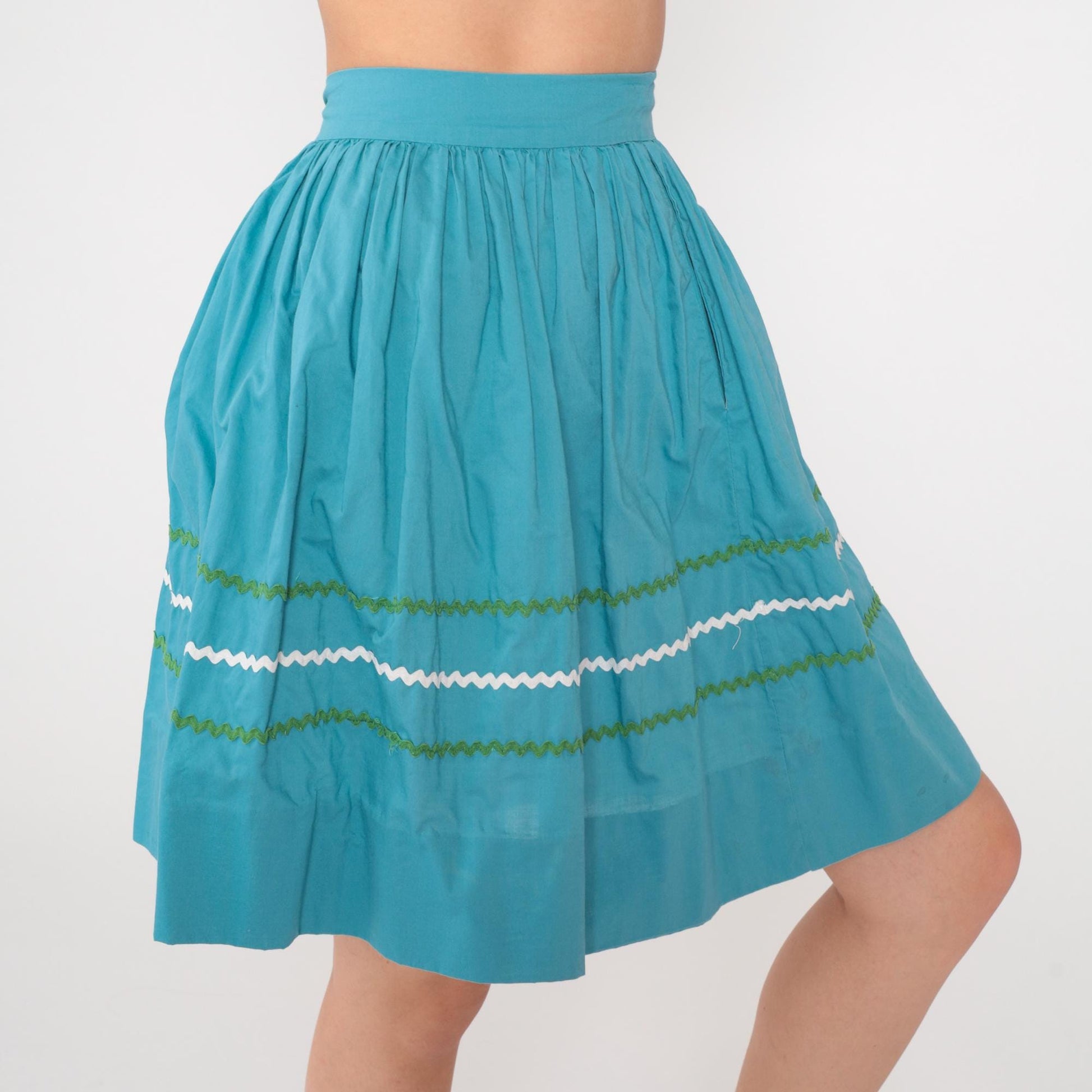 1950s Turquoise High-Waist Mini Skirt Rickrack Trim Full Circle XXS