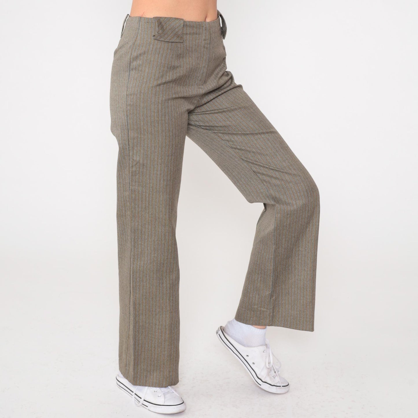 70s Grey Herringbone Pinstriped High-Rise Flare Pants Small