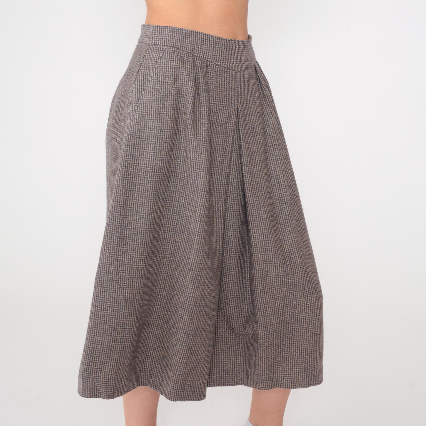 80s Clichy Wool Blend Checkered Midi Skirt Grey High Waisted Pleated Small