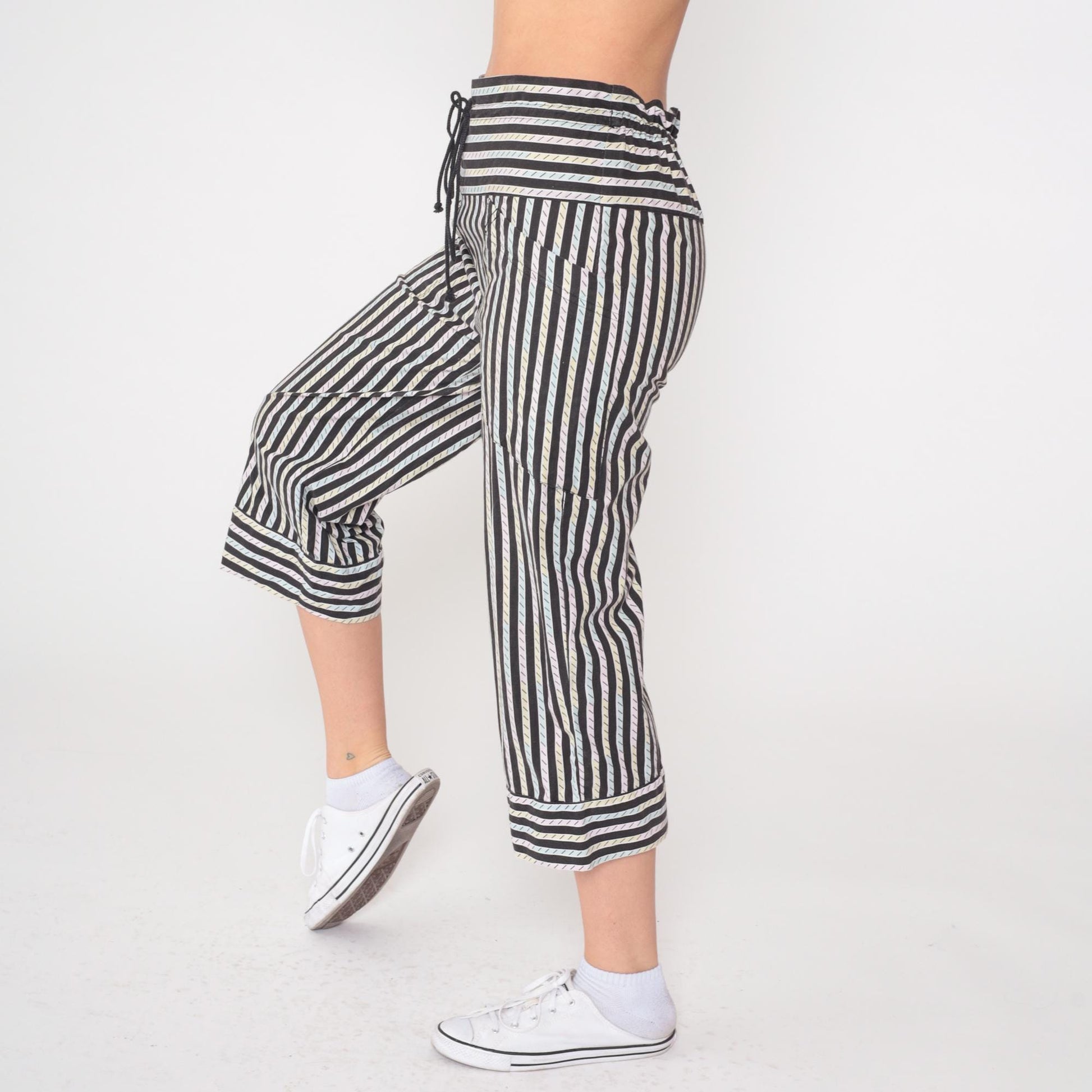 80s La Blanca Sport Striped High-Waist Drawstring Pants Black Pastel Extra Small