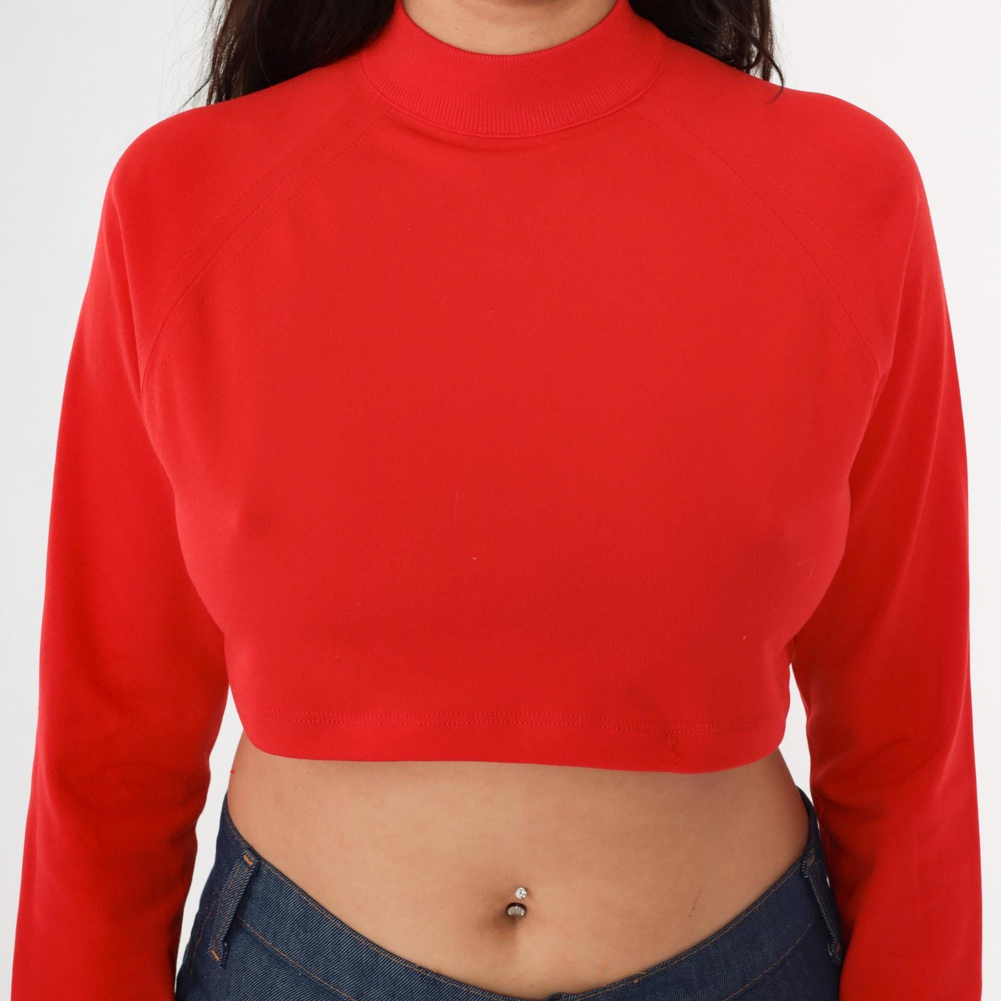 70s Red Crop Top Mock Neck Long Sleeve Nylon Knit Medium