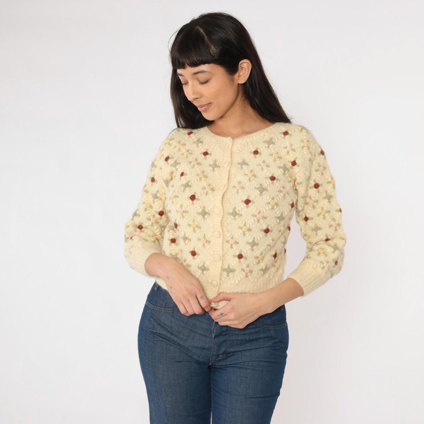 60s Wool Cardigan Cream Floral Embroidery Cropped 3/4 Sleeve Extra Small