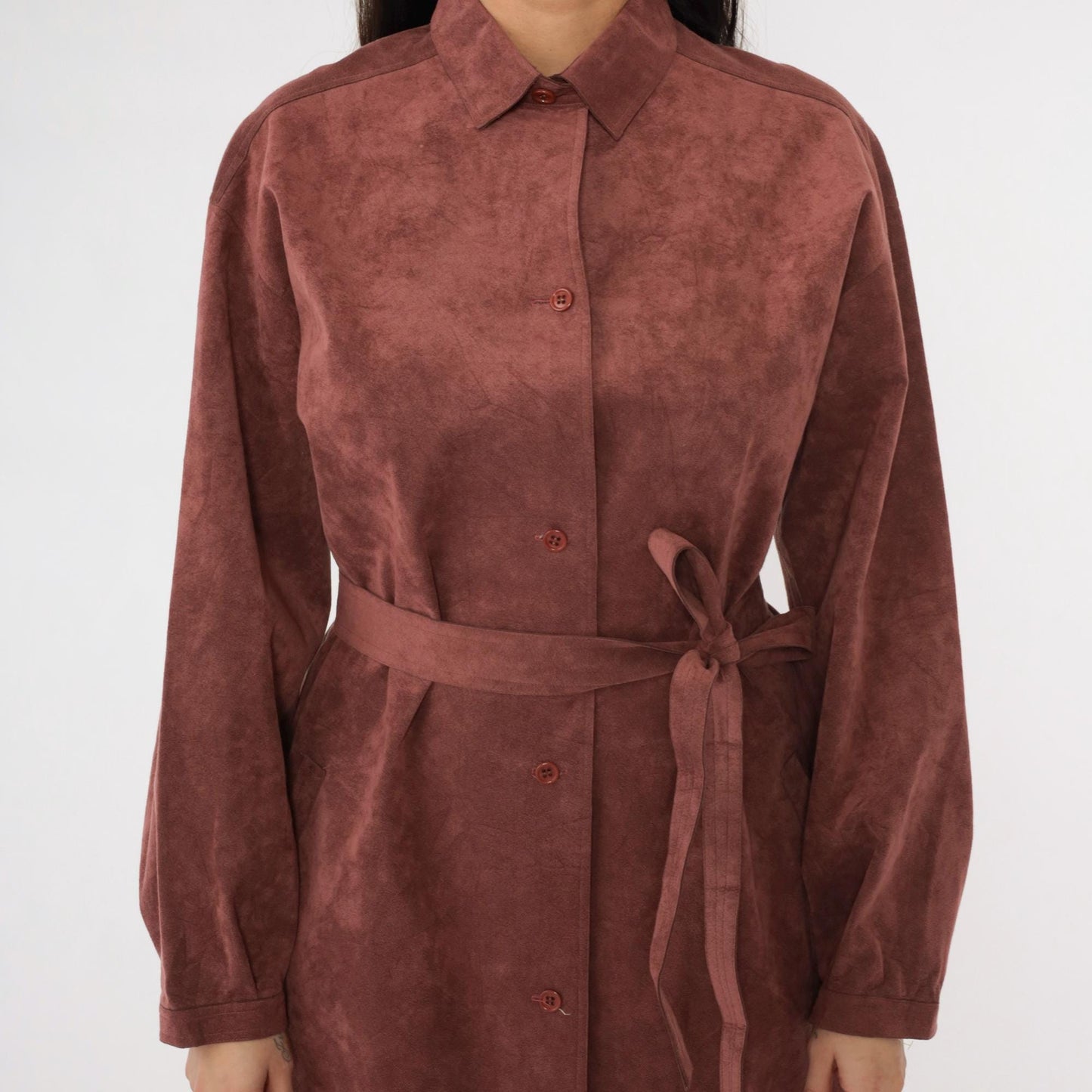 70s Halston Ultrasuede Trench Jacket Burnt Rose Belted Midi Large