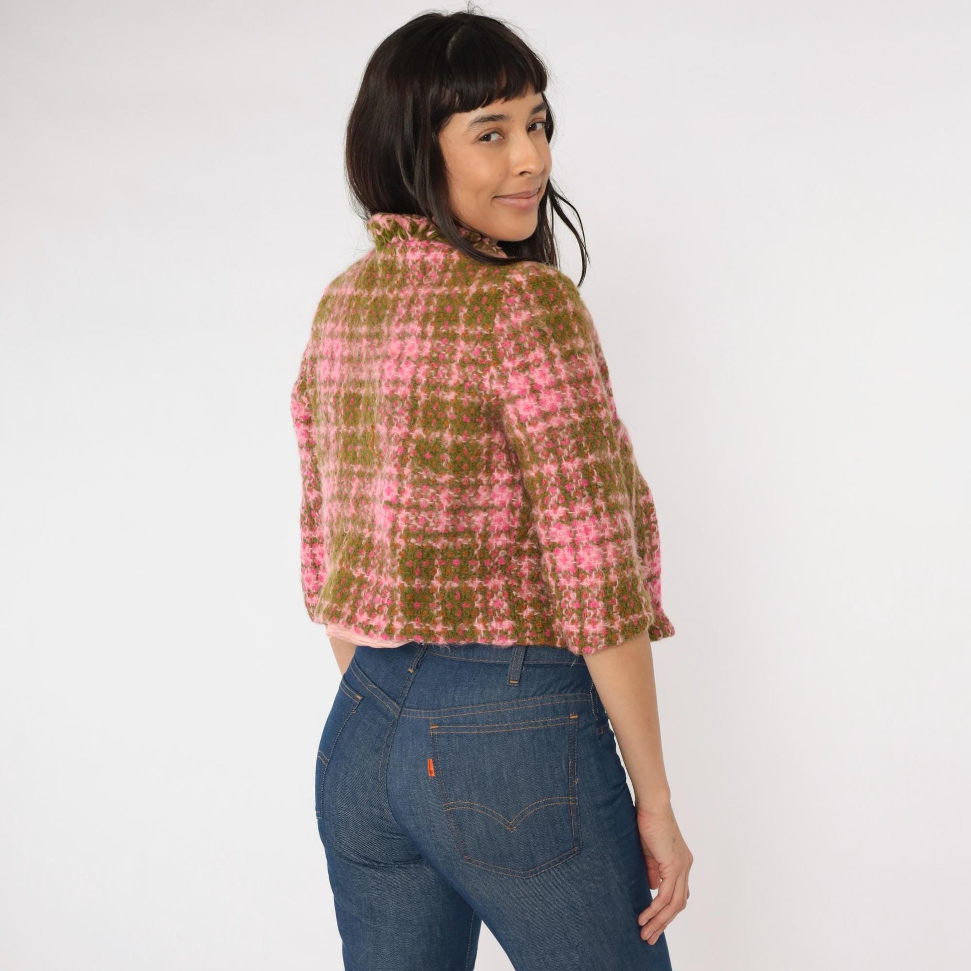 60s Pink Olive Plaid Wool Jacket Cropped Ruffled Collar Extra Small