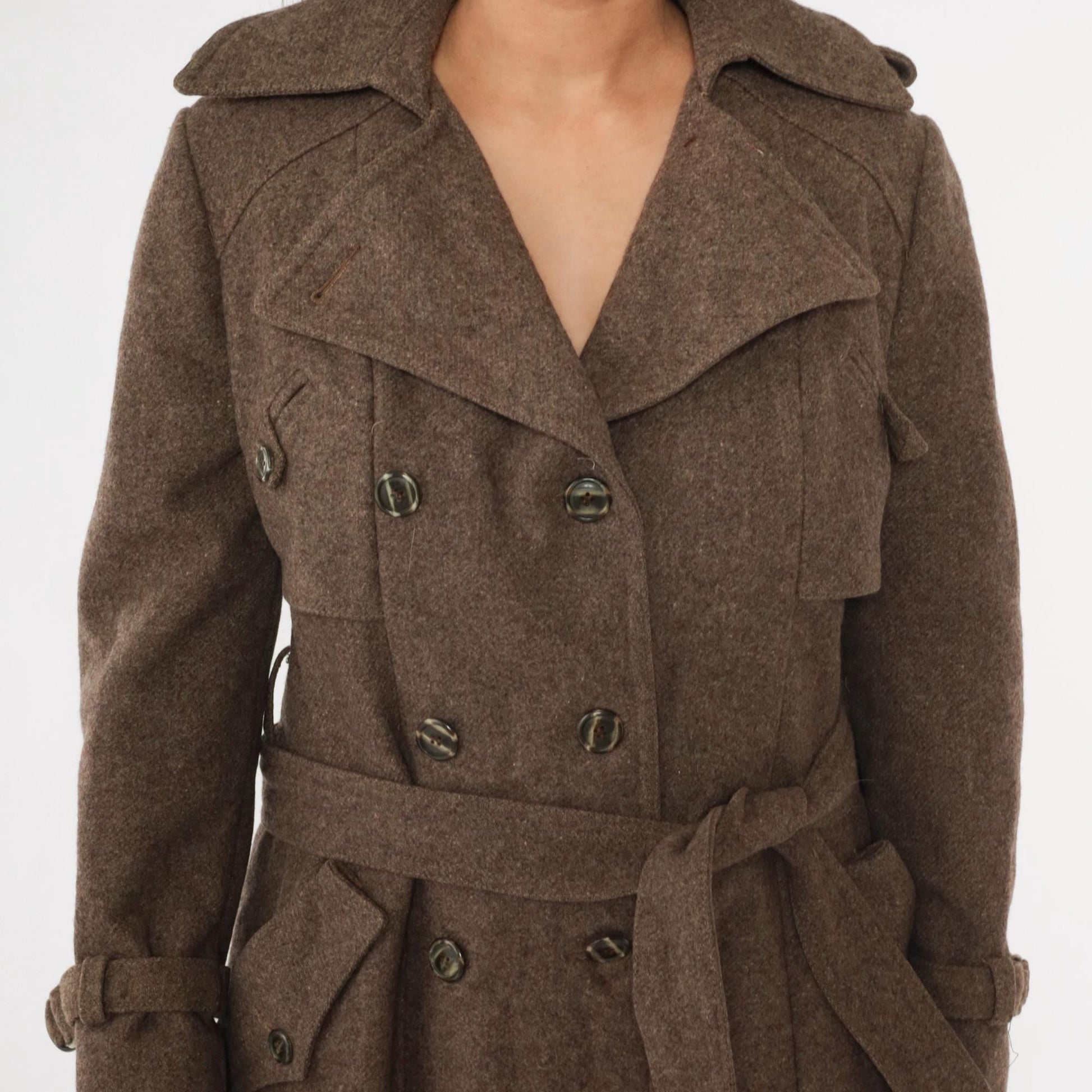 1960s Brown Wool Trench Coat Double Breasted Belted Midi Medium M