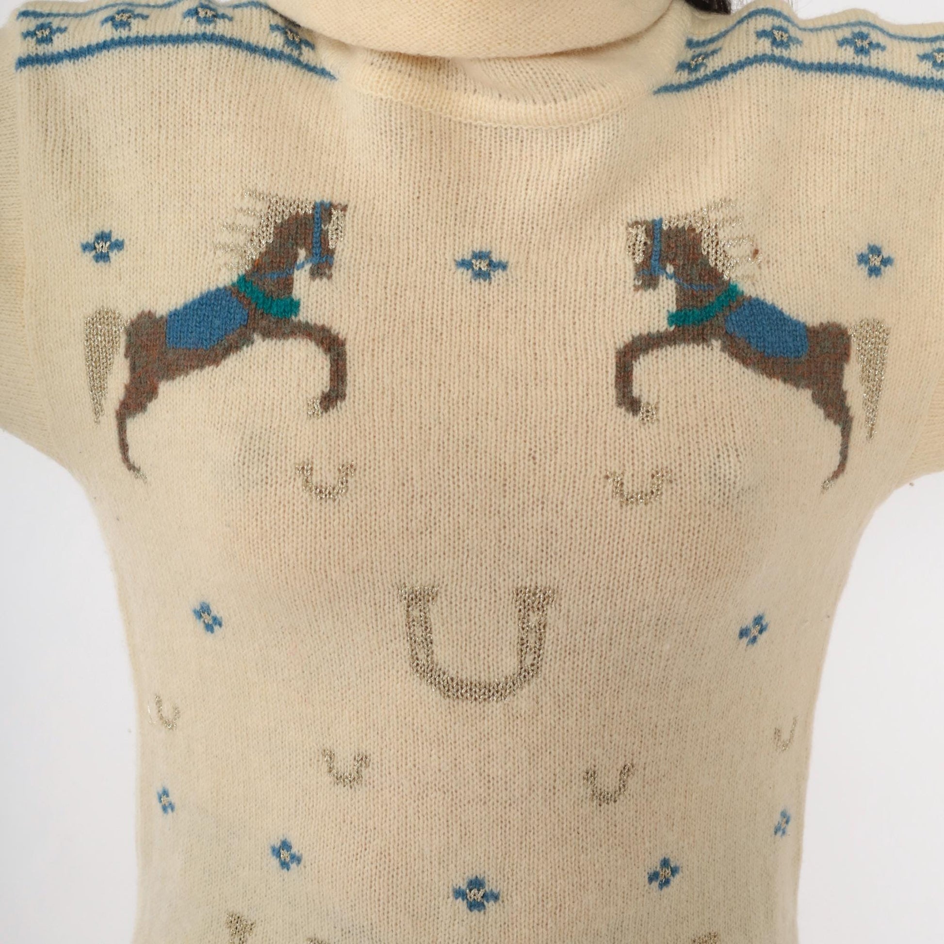 80s Kristin for Millers Wool Horse Sweater Cream Mock Neck Equestrian Medium