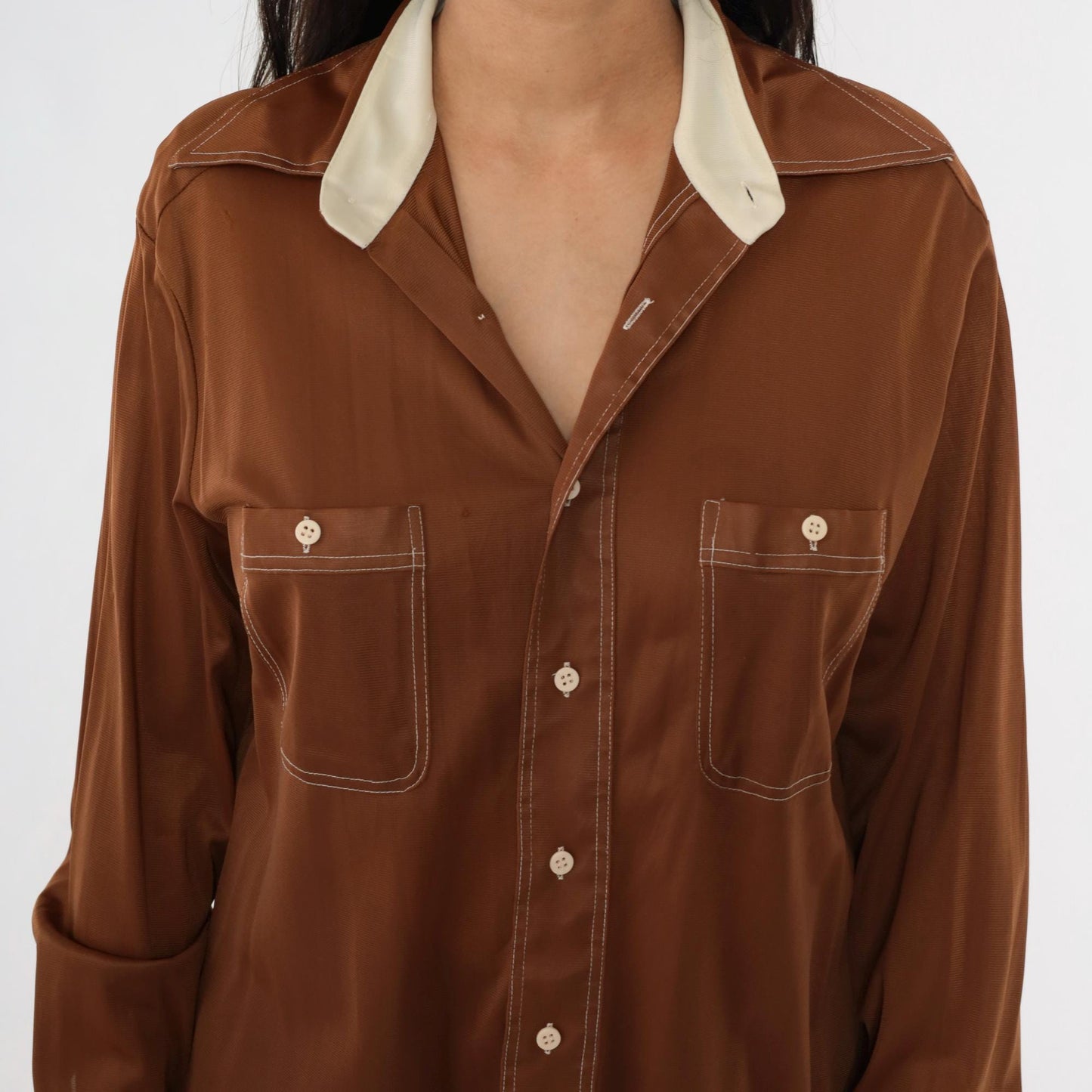 70s Mohawk Brown Dagger Collar Shirt Topstitch Long Sleeve Large