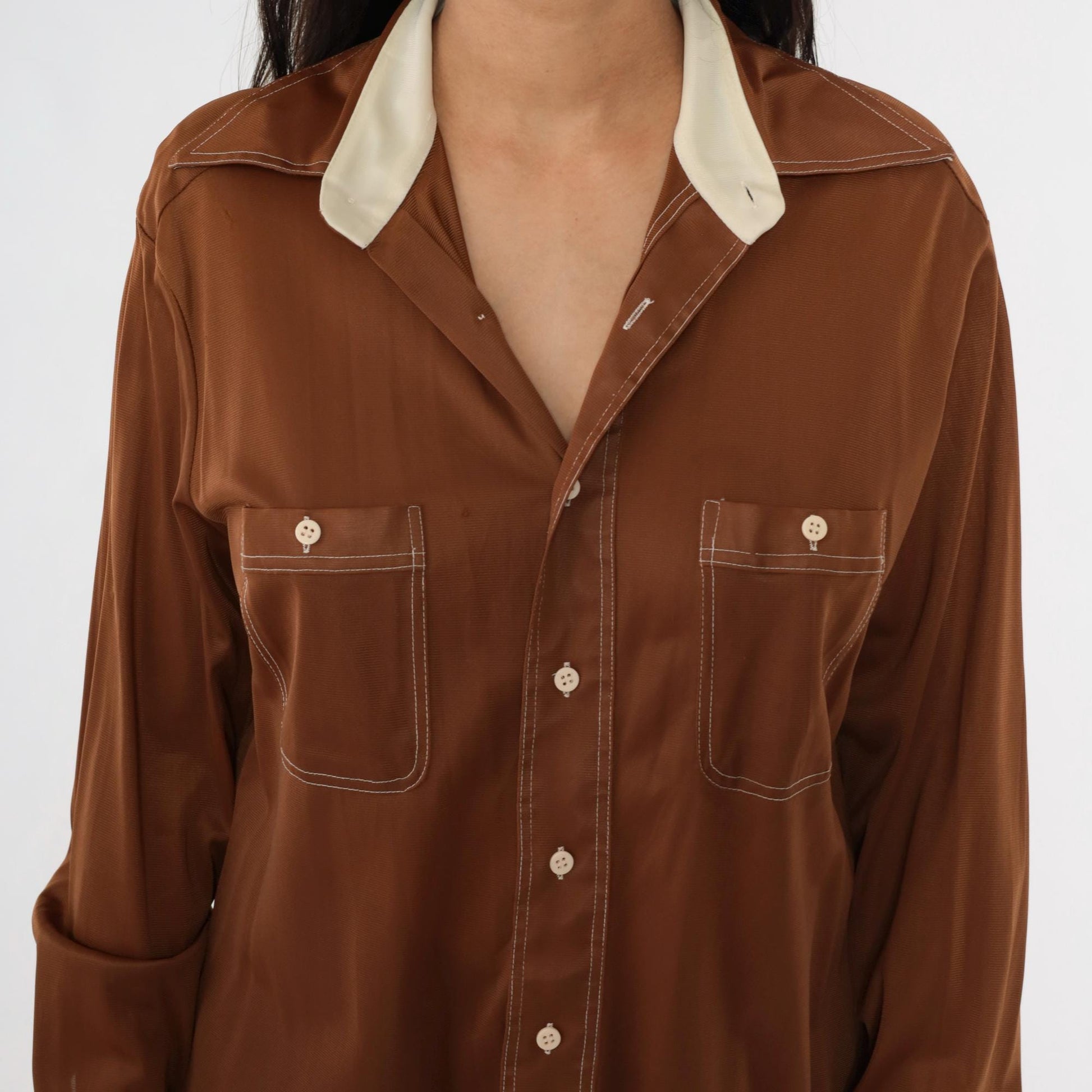 70s Mohawk Brown Dagger Collar Shirt Topstitch Long Sleeve Large