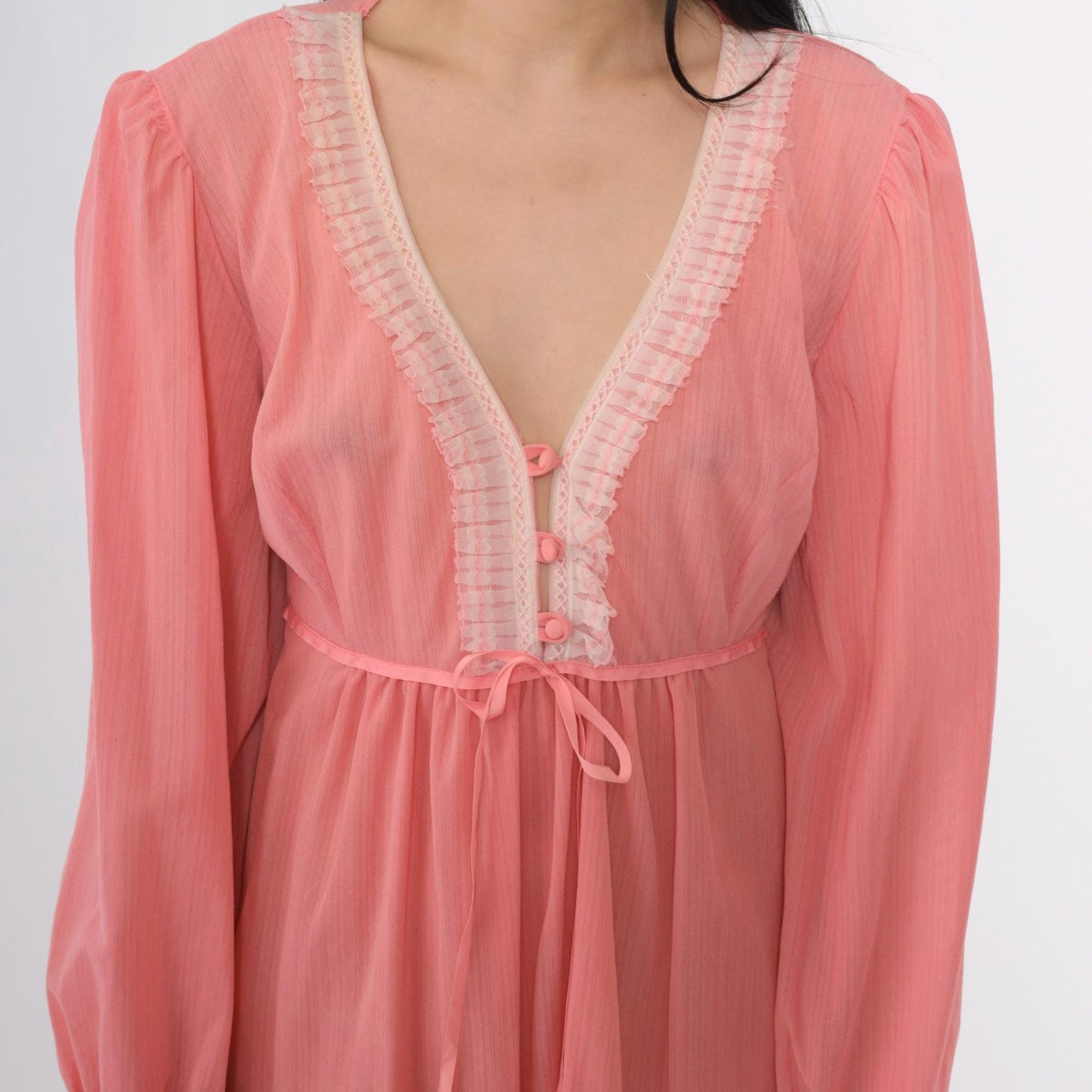70s Pink Babydoll Dress Puff Sleeve Empire Waist Mini Sheer Ruffle Trim Large