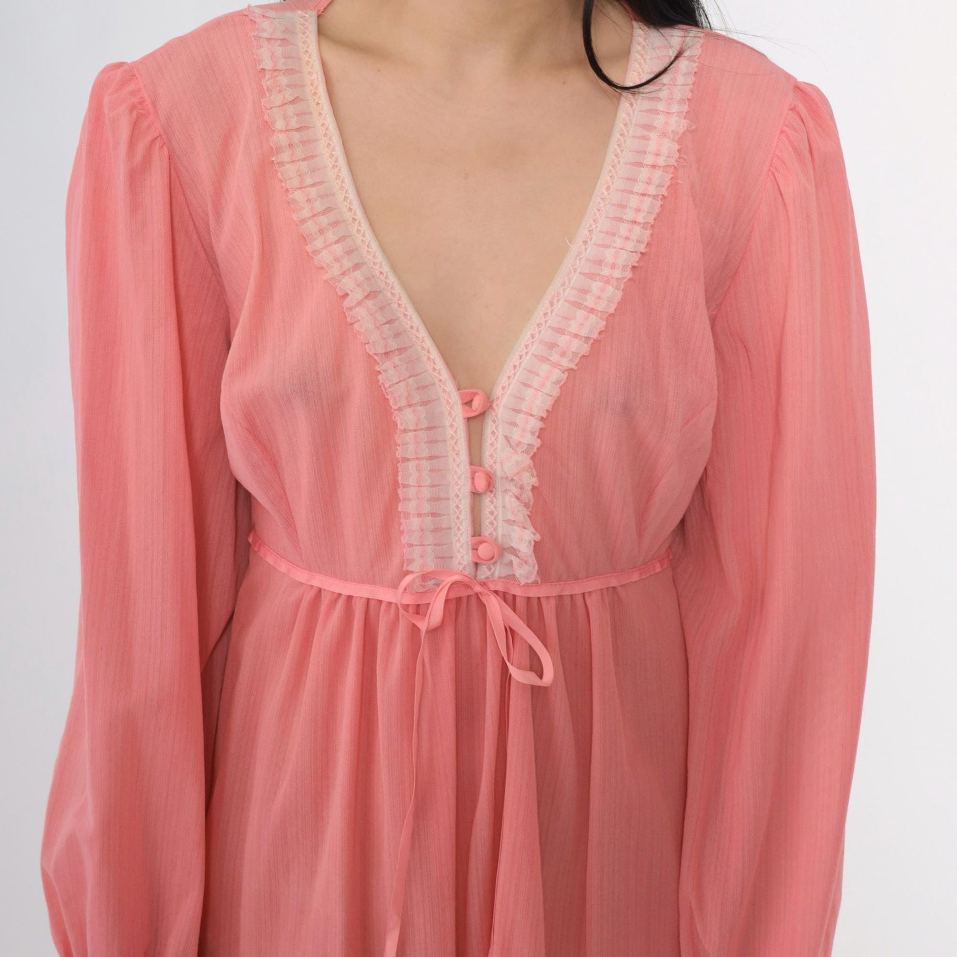 70s Pink Babydoll Dress Puff Sleeve Empire Waist Mini Sheer Ruffle Trim Large