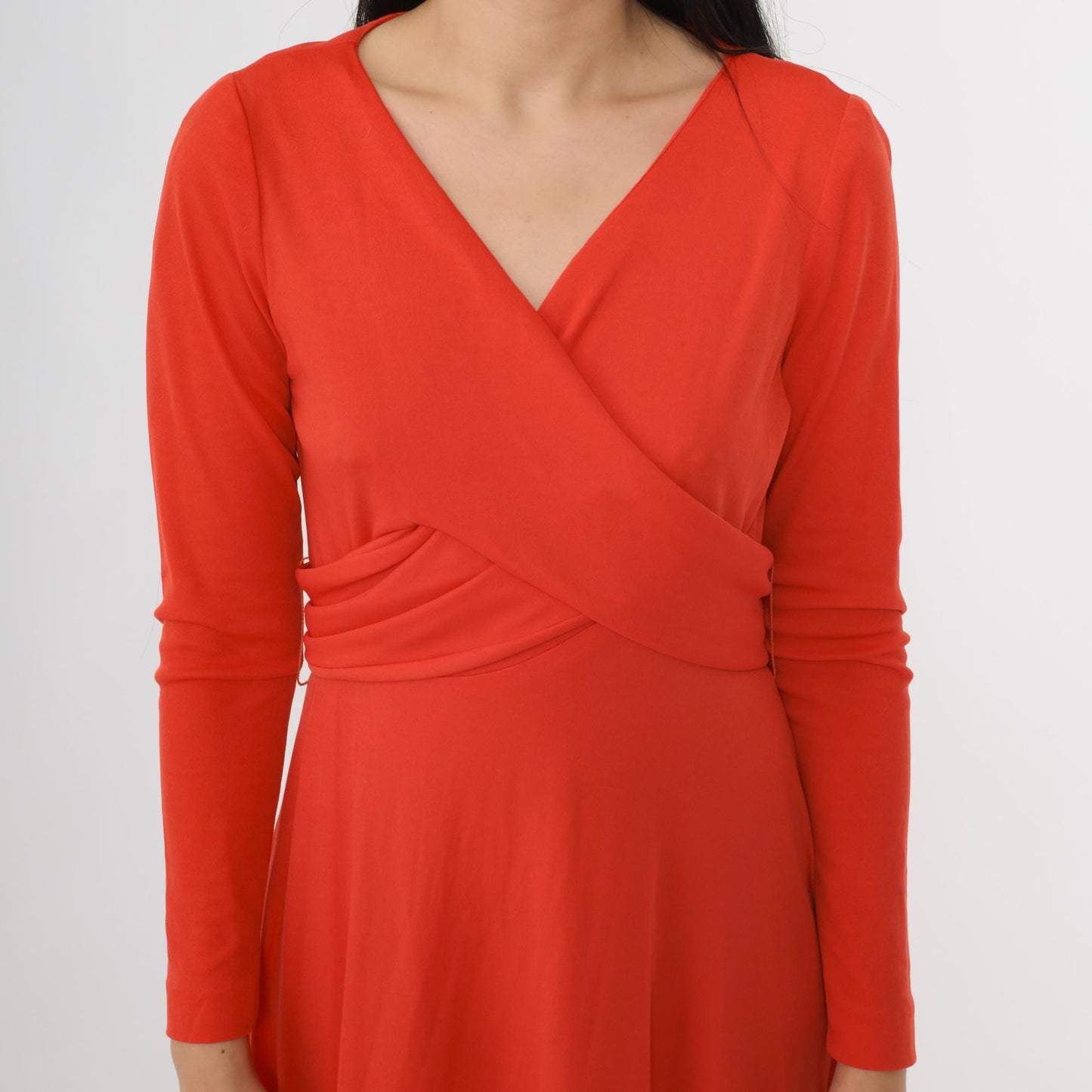70s Grecian Maxi Dress Red-Orange Wrap Front V-Neck Long Sleeve Medium