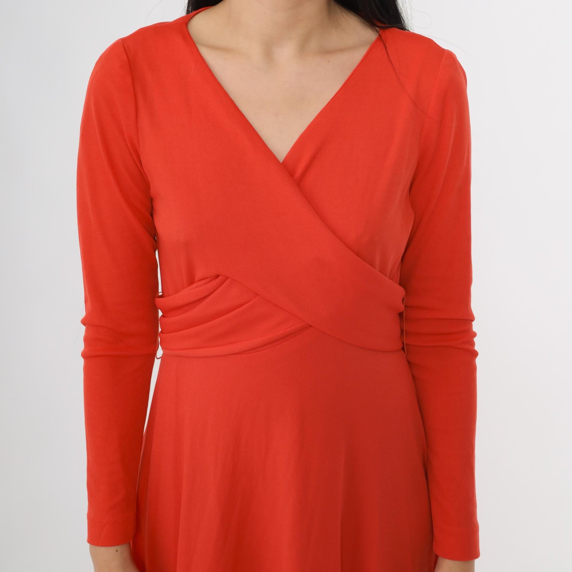 70s Grecian Maxi Dress Red-Orange Wrap Front V-Neck Long Sleeve Medium