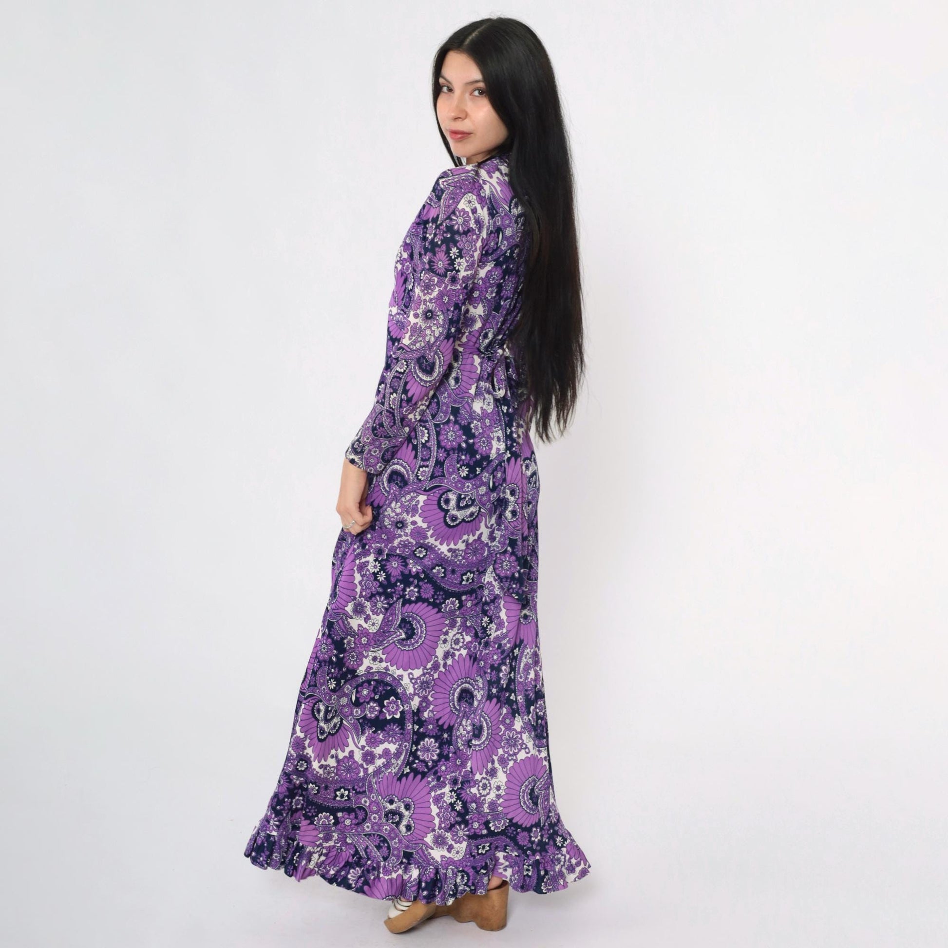 70s Purple Paisley Floral Maxi Dress Empire Waist V Neck Long Sleeve Medium