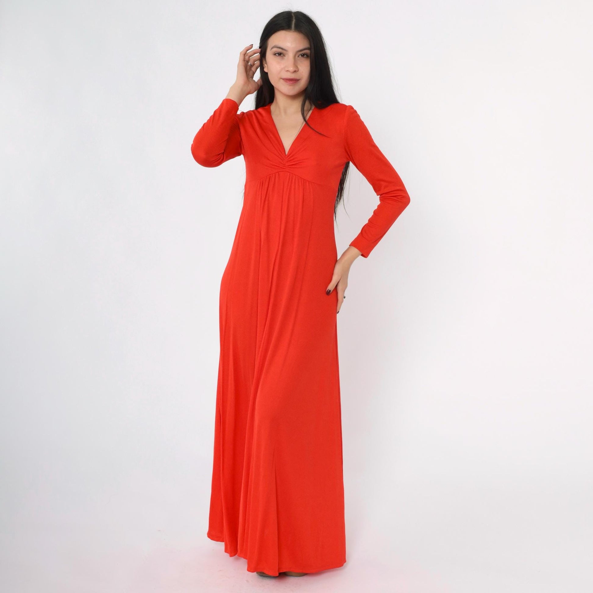 70s Red Maxi Dress Empire Waist V-Neck Long Sleeve Small S