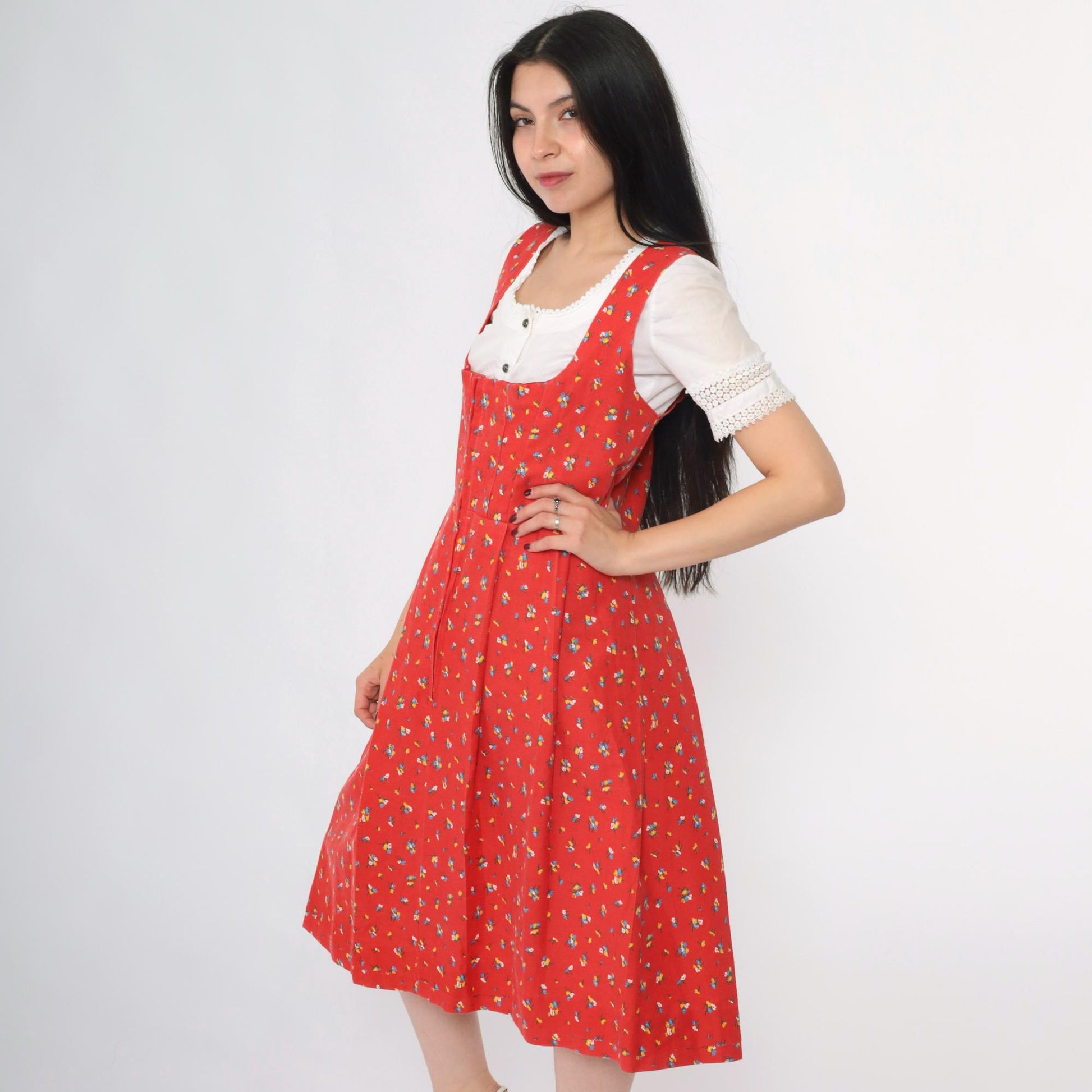 70s Red Calico Floral Dirndl Midi Dress Sleeveless High Waist Zip Medium