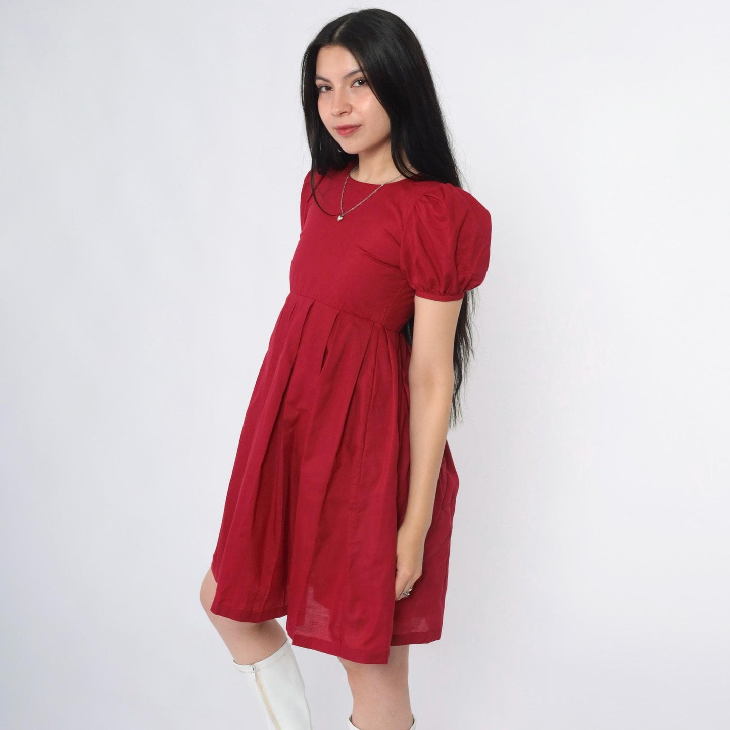 80s Burgundy Puff Sleeve Mini Dress High Waist Pleated Babydoll XXS