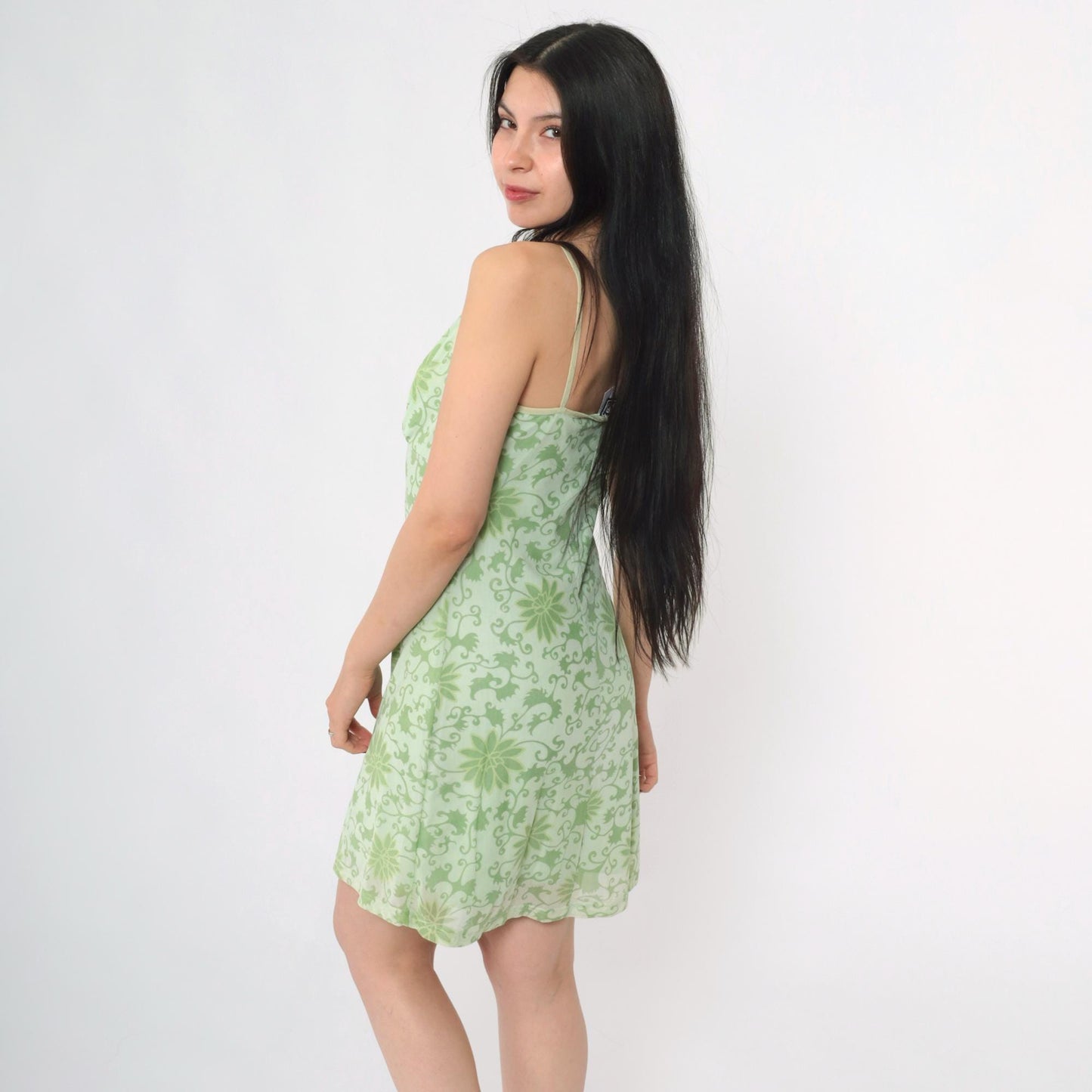 Y2K Green Floral Mesh Mini Dress Spaghetti Strap Empire Waist Small
