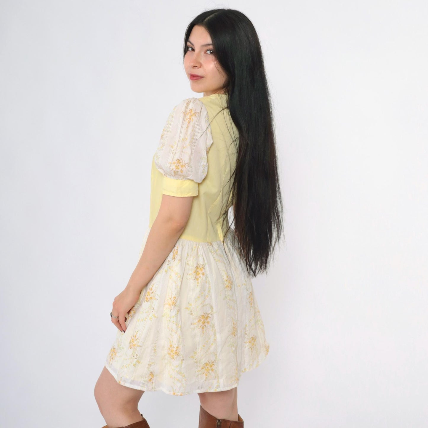 70s Puff Sleeve Floral Mini Dress Yellow White High Waist Small