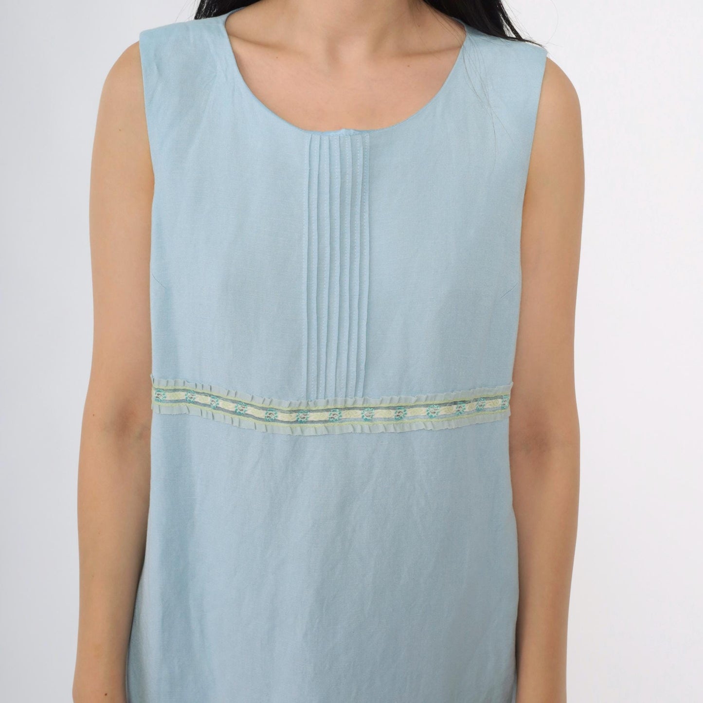 Y2K Coldwater Creek Powder Blue Linen Shift Dress Pintuck Ribbon Trim Petite 12