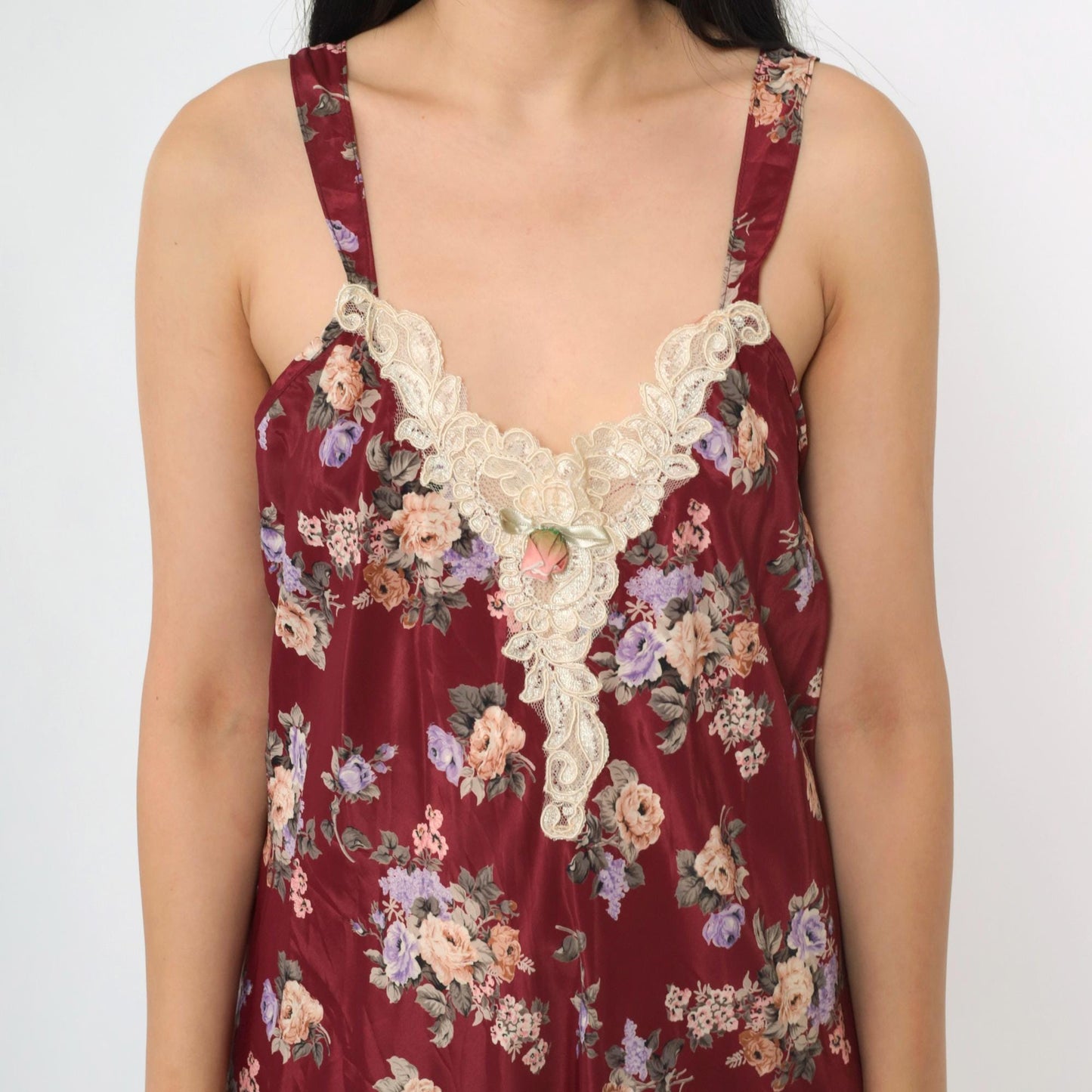 90s Burgundy Floral Satin Slip Dress Lace Trim Deep V Back Midi Medium
