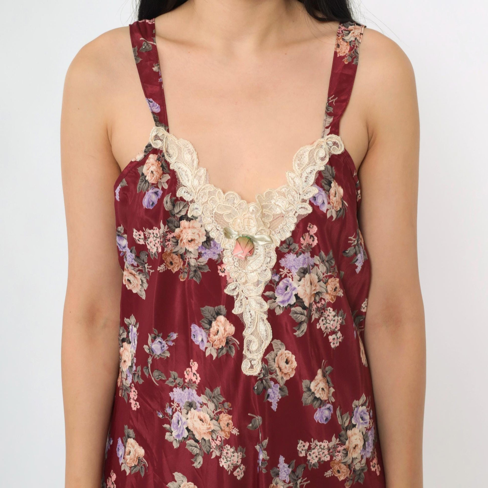 90s Burgundy Floral Satin Slip Dress Lace Trim Deep V Back Midi Medium